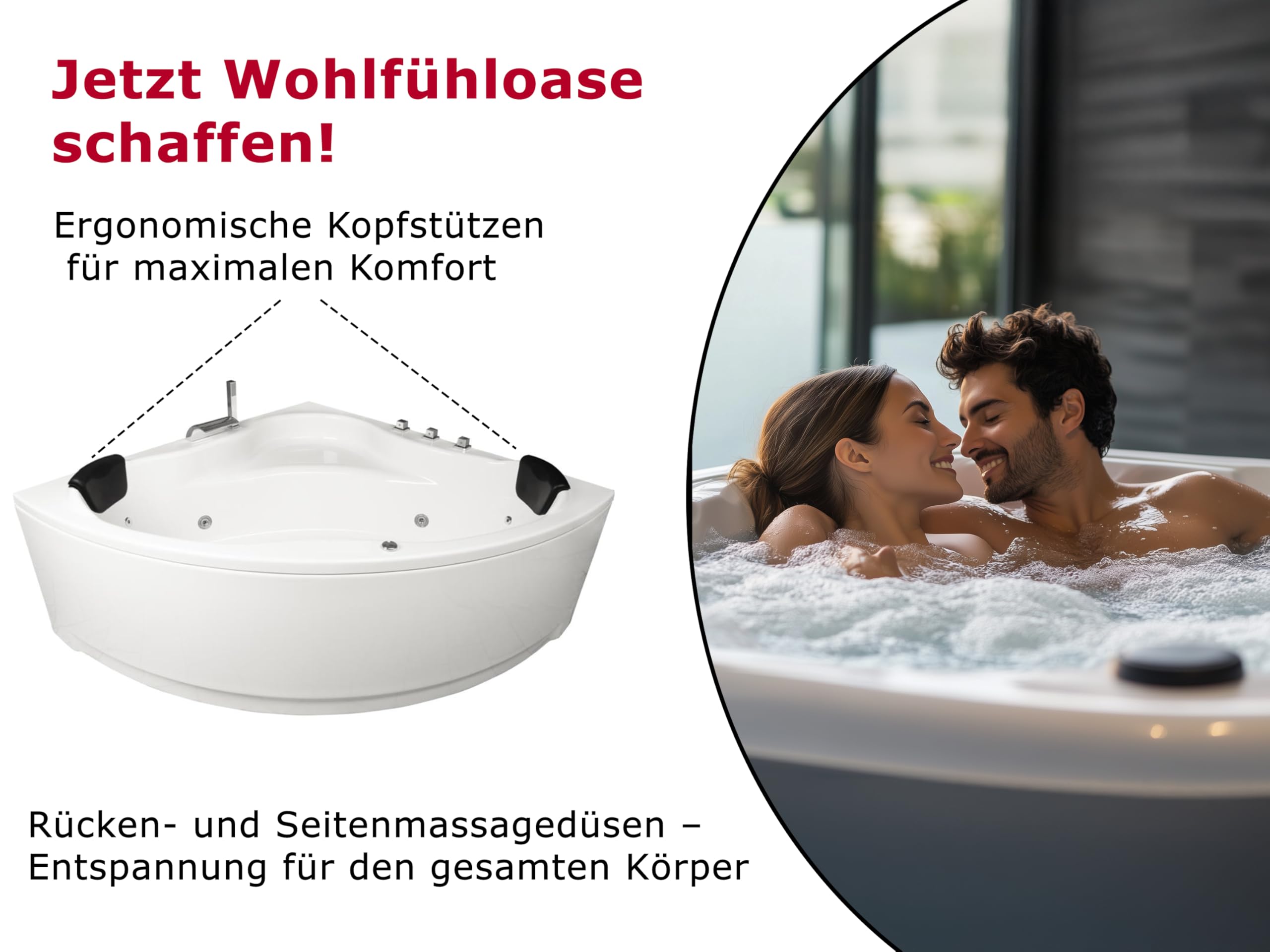 Baignoire Balnéo D'angle Havanna Basique Supply24 - 164x148cm, 10 Jets, LED