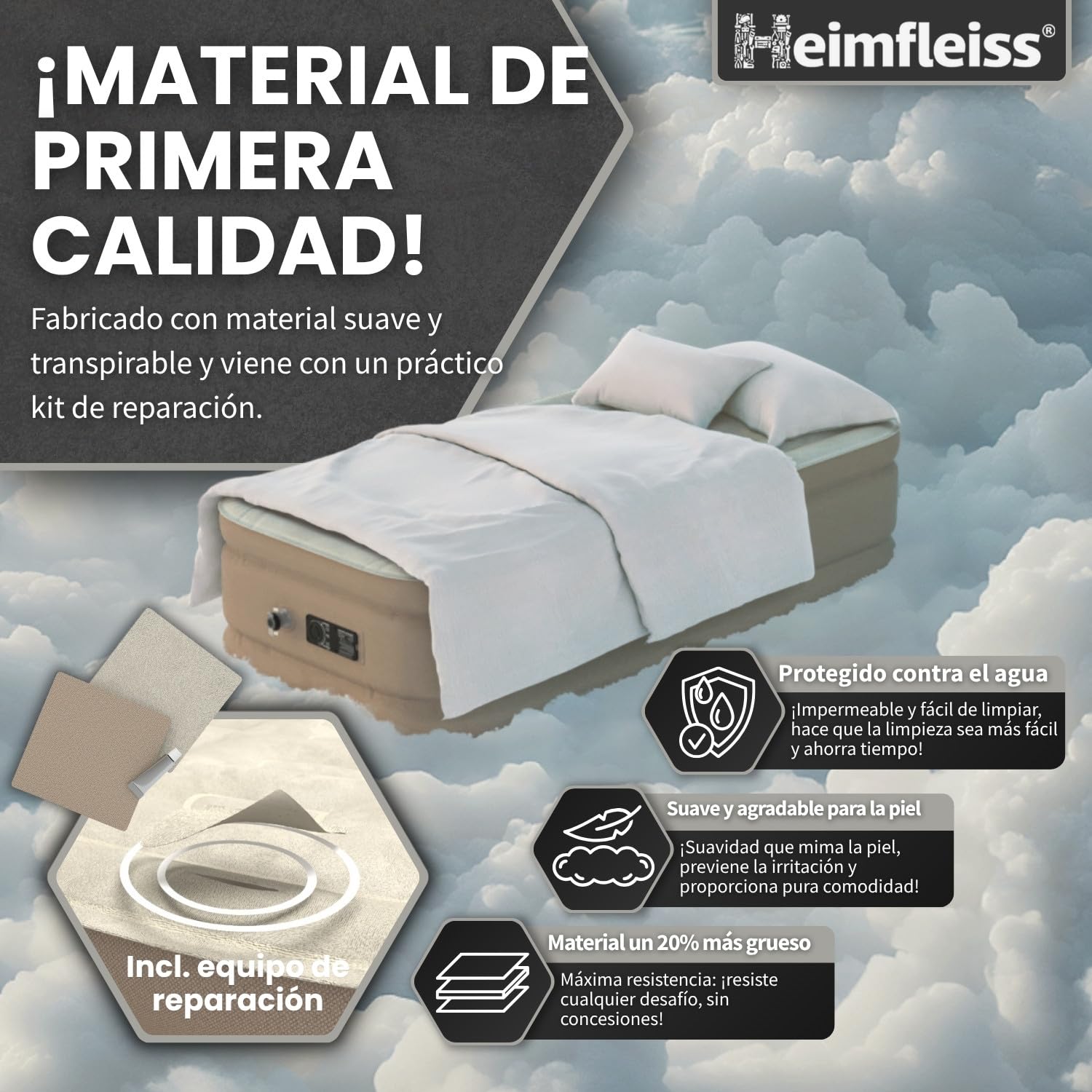 Heimfleiss® Premium Colchón Hinchable Individual Para Invitados | Autohinchable Eléctrico con Bomba Integrada | PVC Resistente Antipinchazos Velour 100x200 x 45 cm | Cama Inflable para Camping | Beige