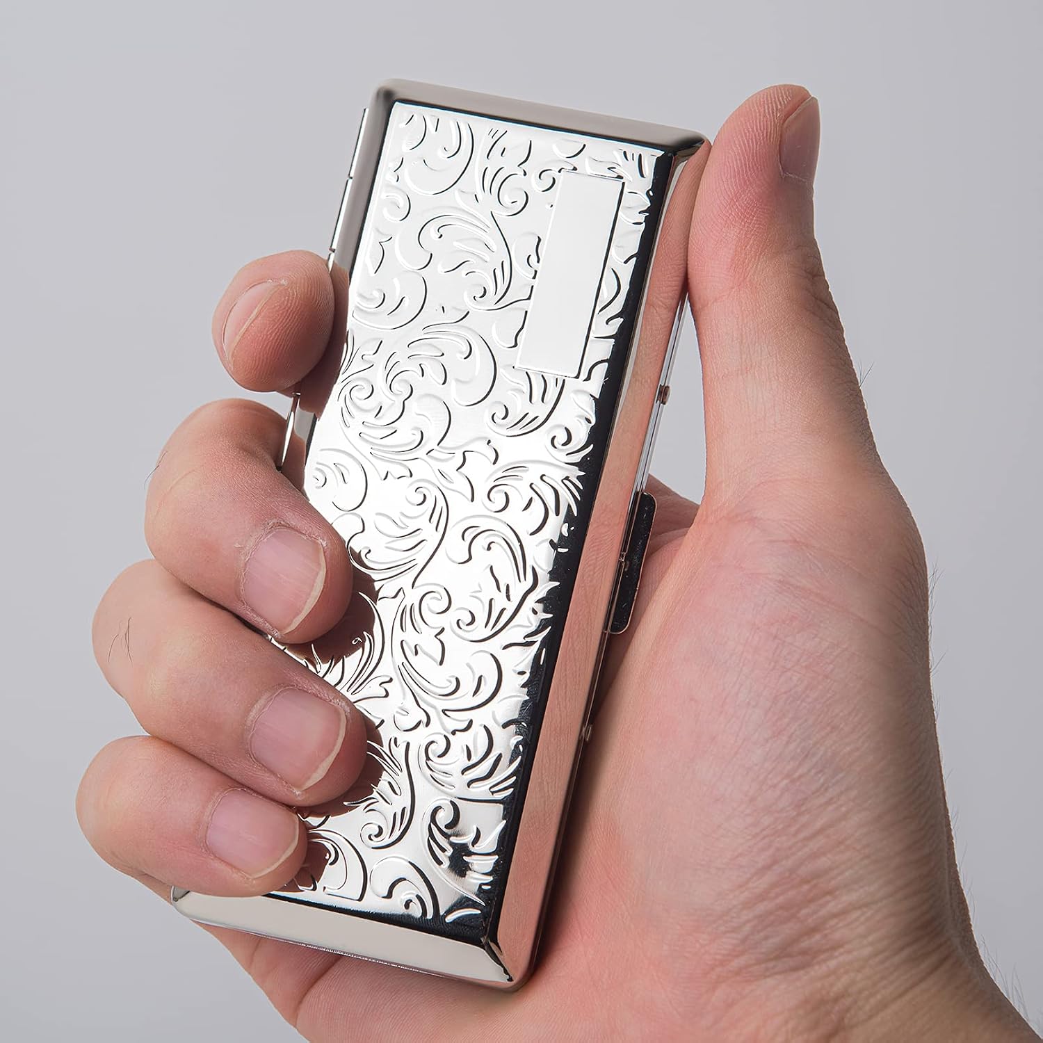 Metal Carry Cigarette Case, Double Sided Spring Clip,Holds 10 100mm Cigarettes (Vines Silver)