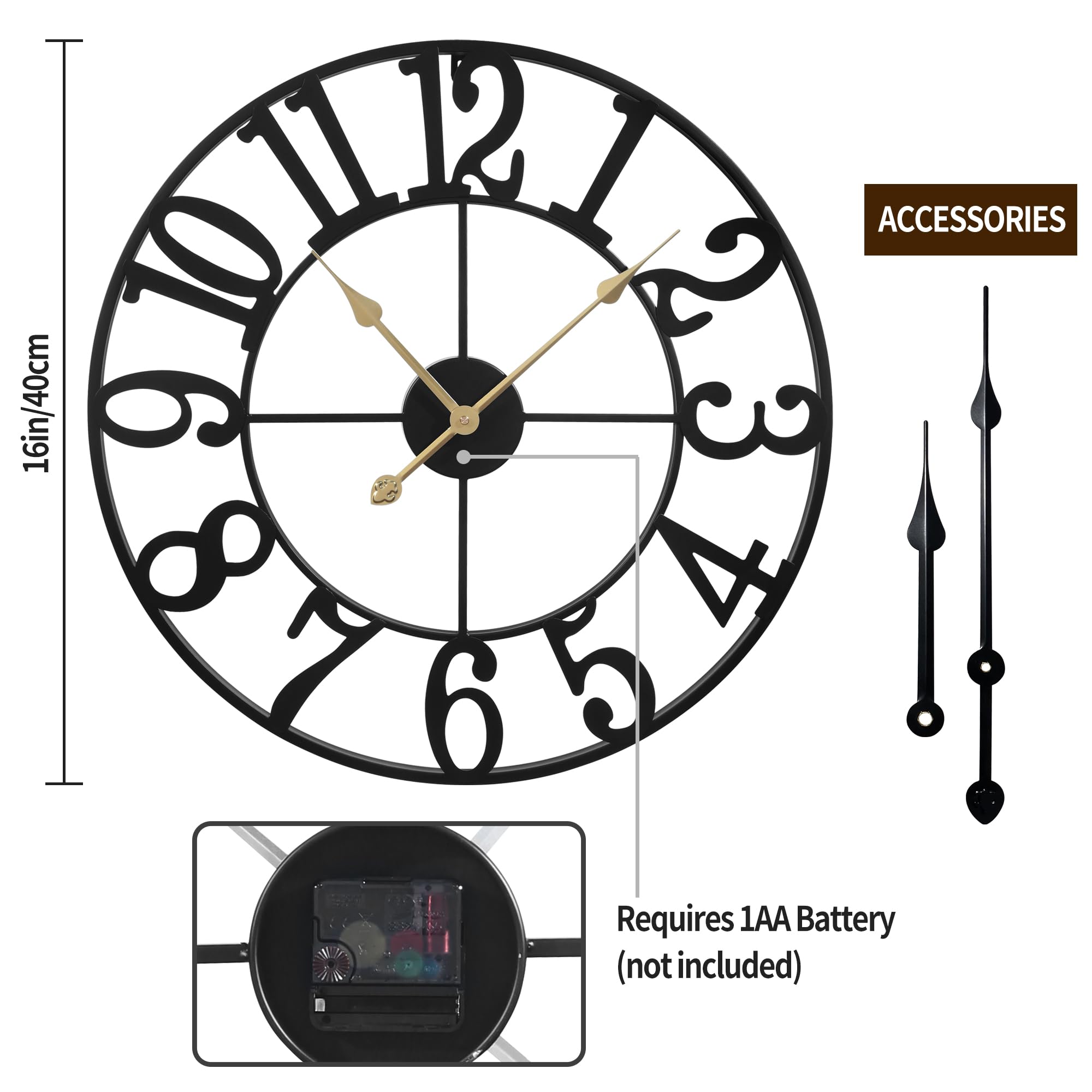 Maxstar Grande Horloge Murale,silencieuse sans tic,tac Chiffres Arabes, Horloge Murale à Quartz, Fonctionnement à Pile, Facile à Lire, pour la Maison, la Cuisine, la Chambre à Coucher 40 cm