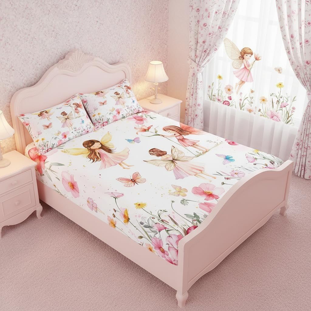 Erosebridal Dreamy Fairy Full Bedding Set,Pink Fairy Garden Fitted Sheet for Girls Kids,Cute Floral Butterfly Bed Set,Princess Girly Coquette Bed Sheets 3Pcs Room Decor (No Flat Sheet)