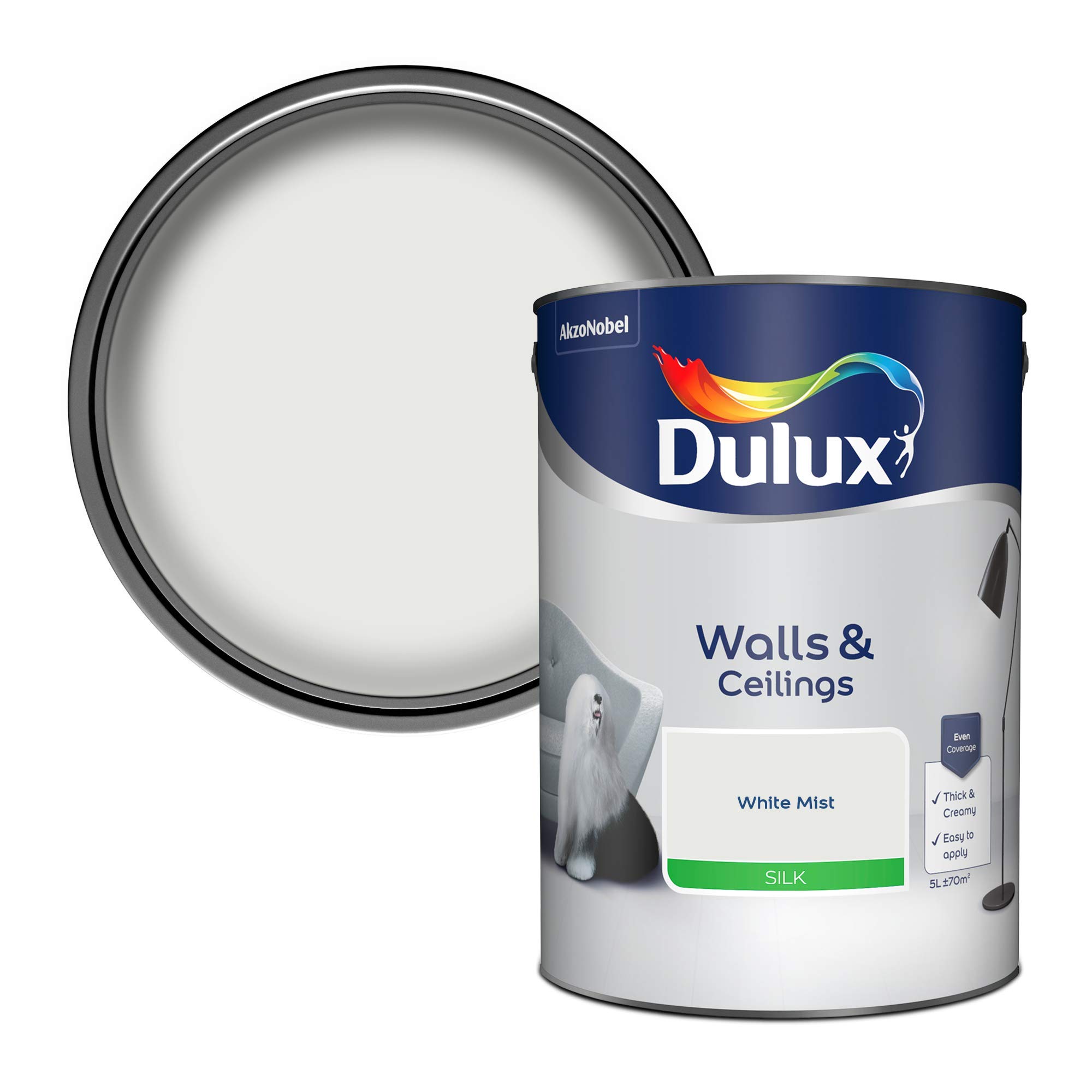Dulux White Mist Silk Emulsion Paint For Walls And Ceilings - 5L