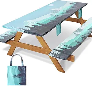 Fitted Picnic Table Cover with Bench Covers Elastic Water Proof Outdoor Camping Tablecloth for 8 Foot Rectangle Tables Roadtrip Summer Organization Rv Car Essential Holiday Gifts for Campers