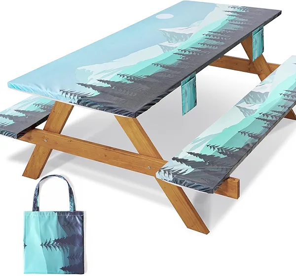 Jobunai Fitted Picnic Table Cover with Bench Covers Elastic Water Proof Outdoor Camping Tablecloth for 8 Foot Rectangle Tables Roadtrip Summer Organization Rv Car Essential Holiday Gifts for Campers