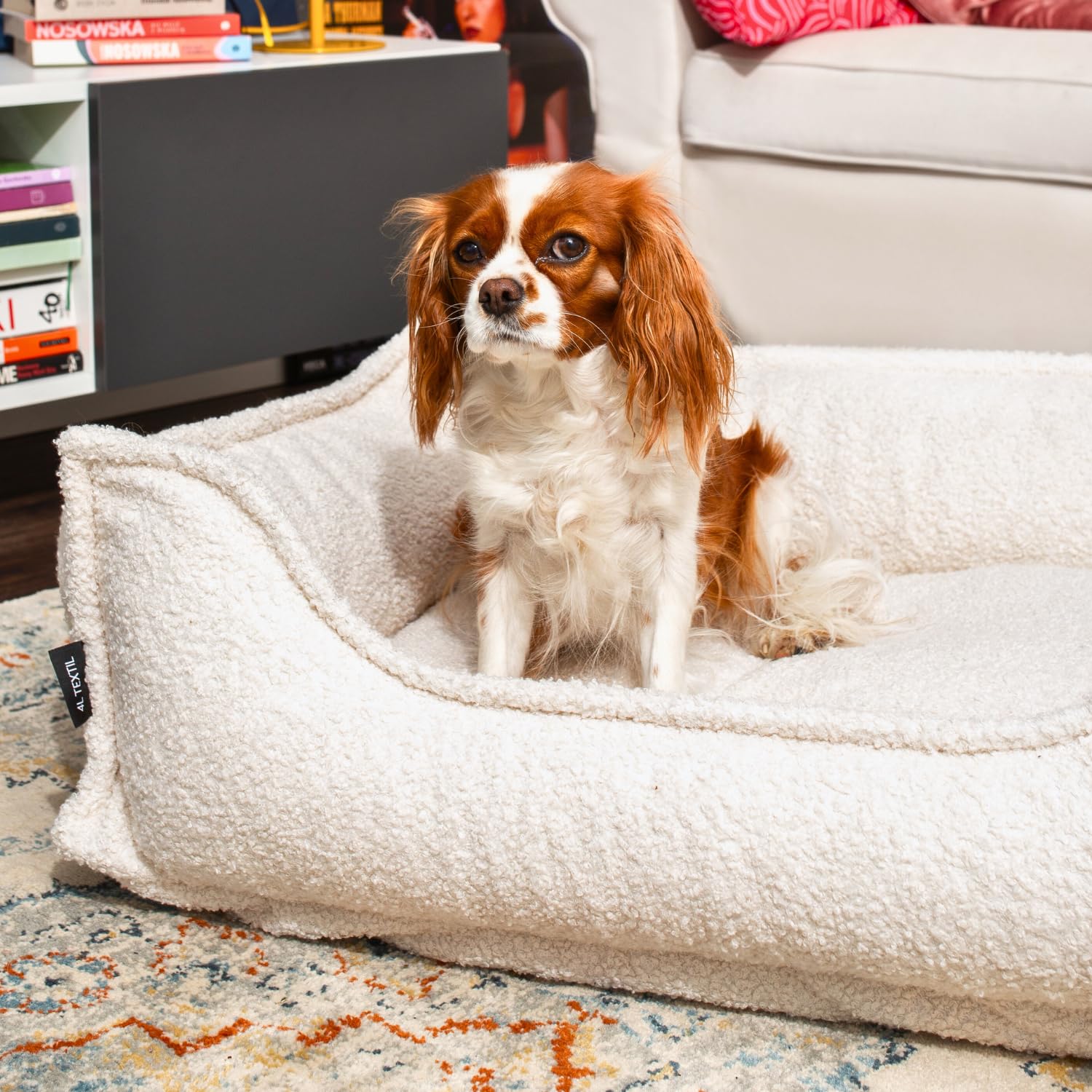 4L Textil Cama para perros de Bouclé Leo Premium-Line, ortopédica, mullida, con espuma viscoelástica (beis, 80 x 60 cm)