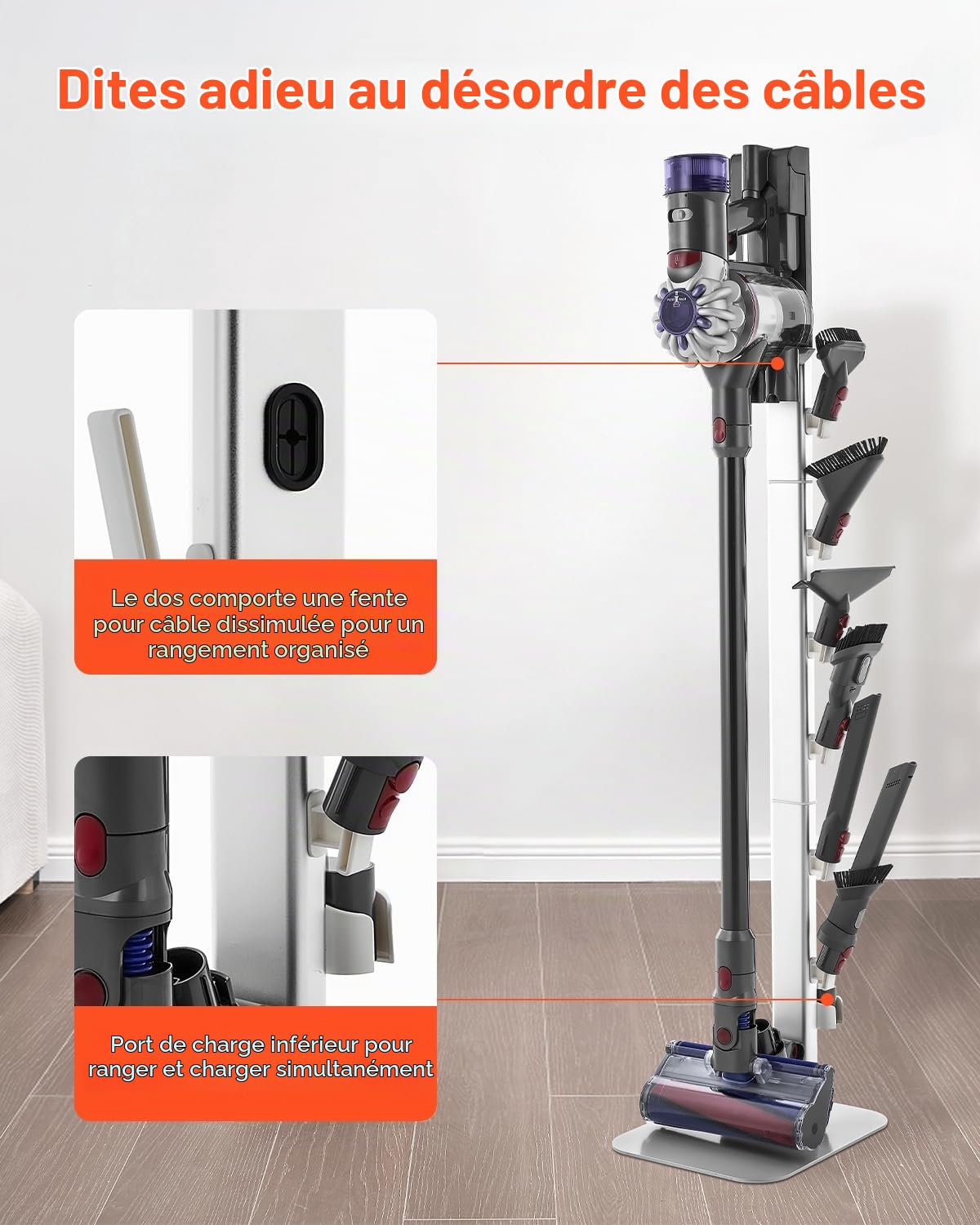 VEVOR Support d'Aspirateur pour Dyson G5, V15, V12, V11, V10, V8, V7, V6, Porte-aspirateur Vertical Rangement Stable avec Accessoires, 6 Crochets et Patins Antidérapants, pour Espaces Restreints, Gris
