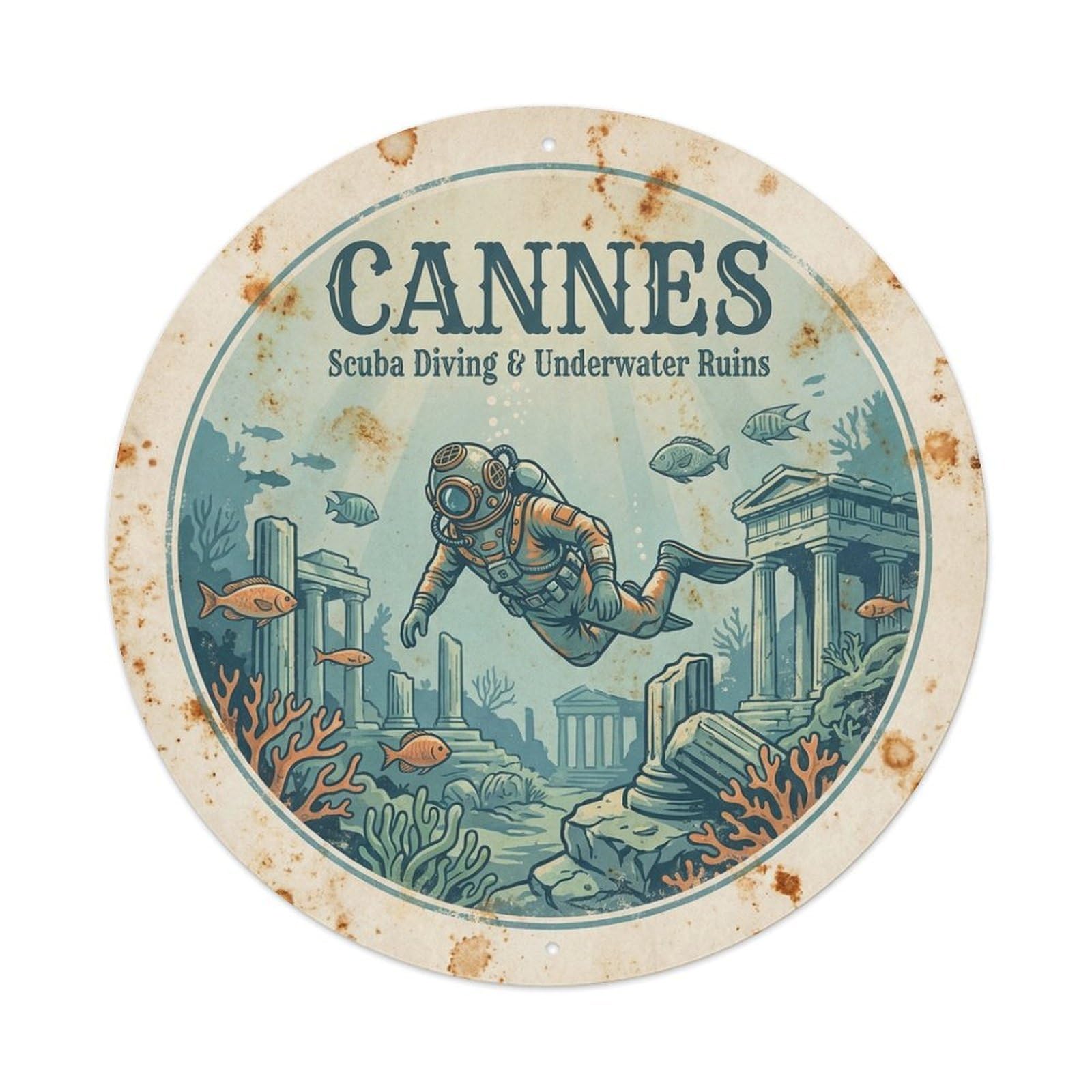 Cannes France Travel Scuba Diving Underwater Ruins Metal Tin Sign