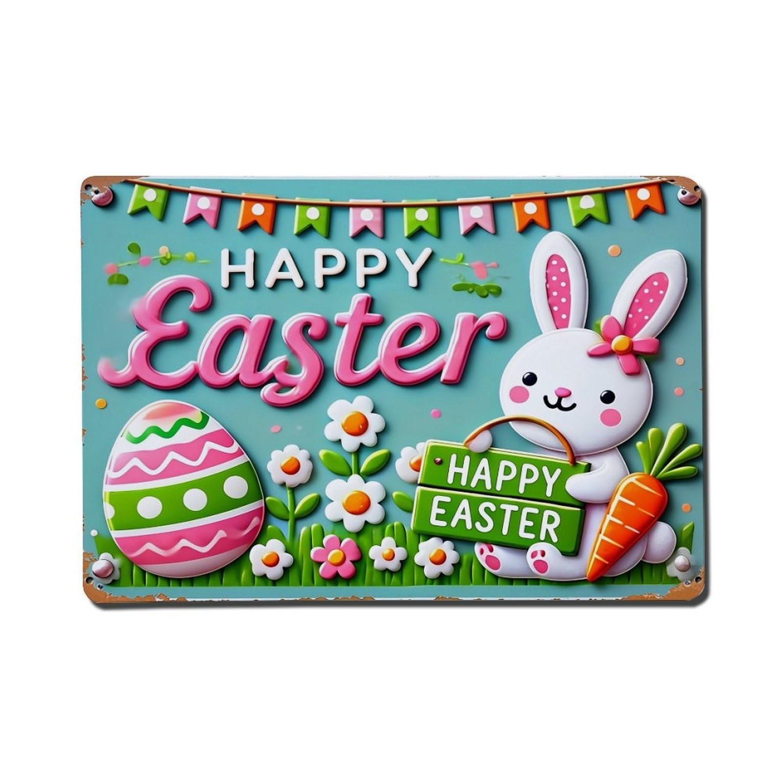 Happy Easter Bunny Egg Flowers Retro Metal Tin Sign, Vintage Decor Art Poster for Bar, Home, Man Cave, Kitchen, Laundry Room Gift 8x12Inch