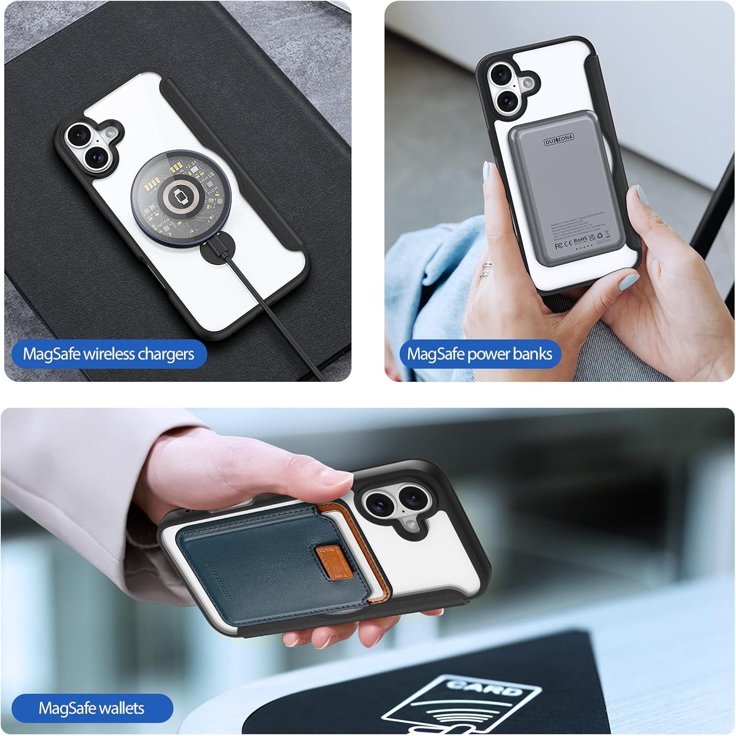 Wallet Case for iPhone 16 Pro Max/16 Pro/16 Plus/16, Compatible with Magsafe Magnetic Invisible Stand PU Leather Transparent Back Case with RFID-Blocking Card Holder (Black, 16 Plus)