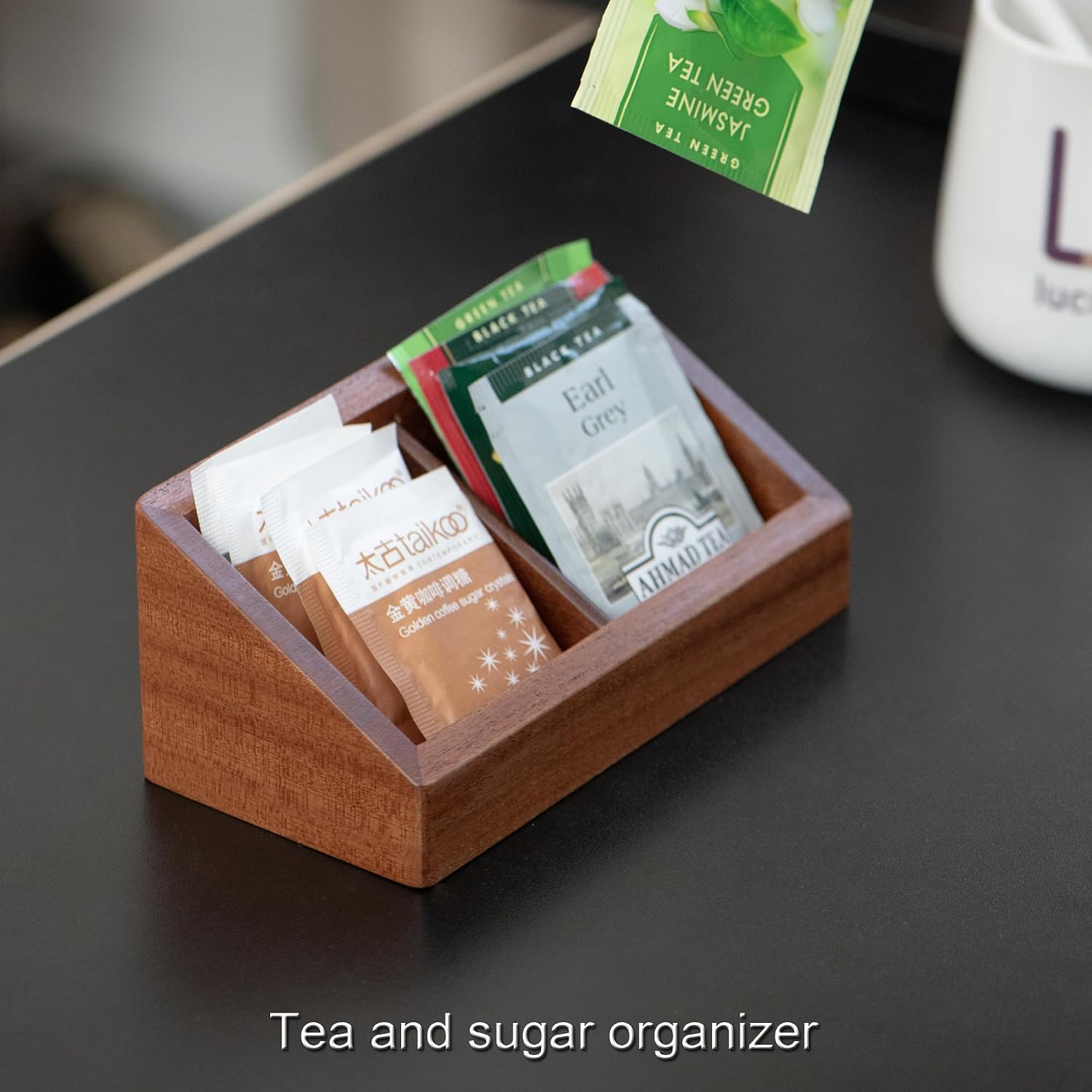 2 Slots Tea Bag Holder, Solid Wood Coffee Station Storage Caddy