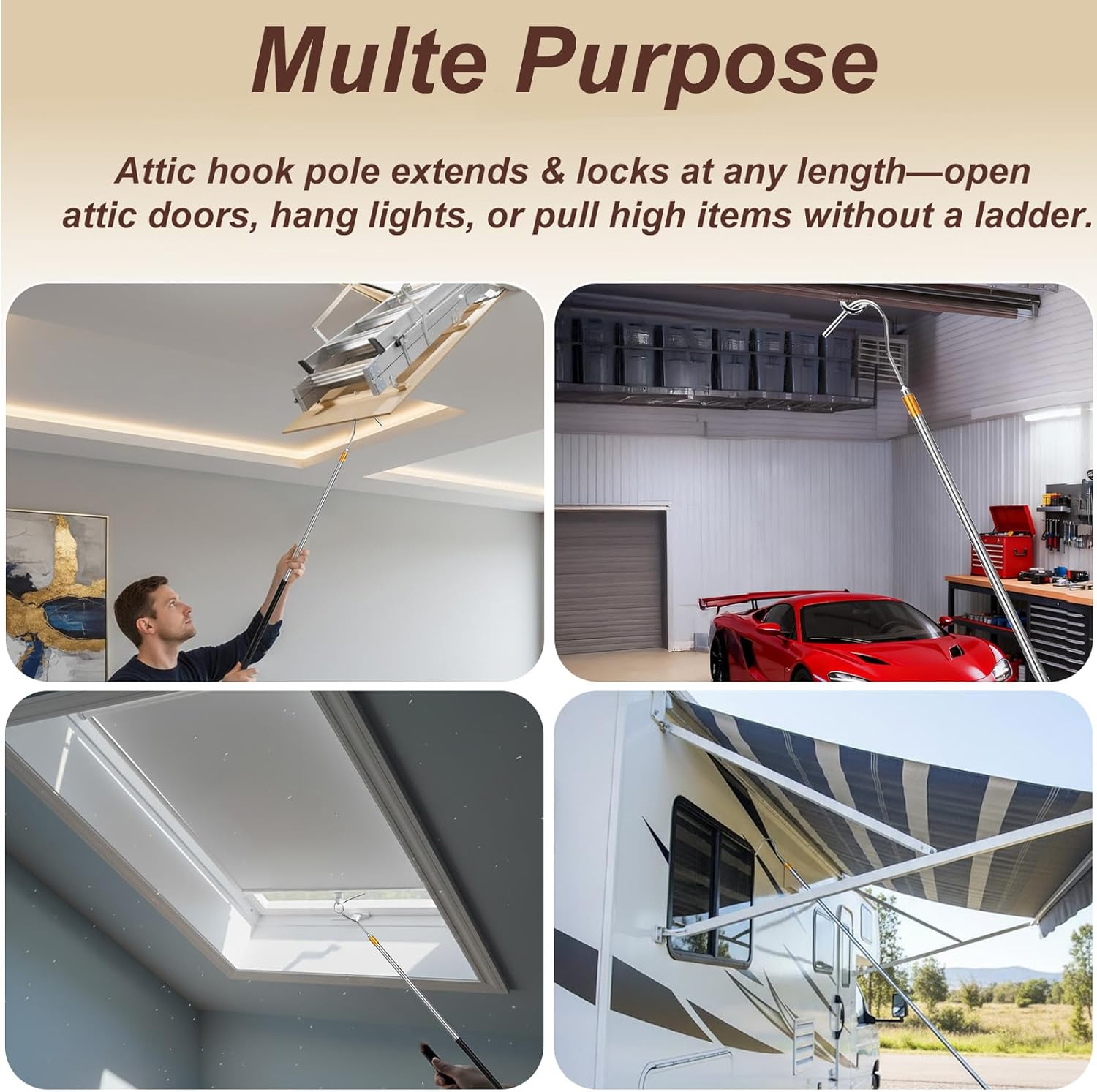 Attic Pull Down Hook, 63-Inch Telescopic Attic Pull Down Rod, Premium Stainless Steel Hook, Extendable Attic Ladder Pull Down Pole System Kit