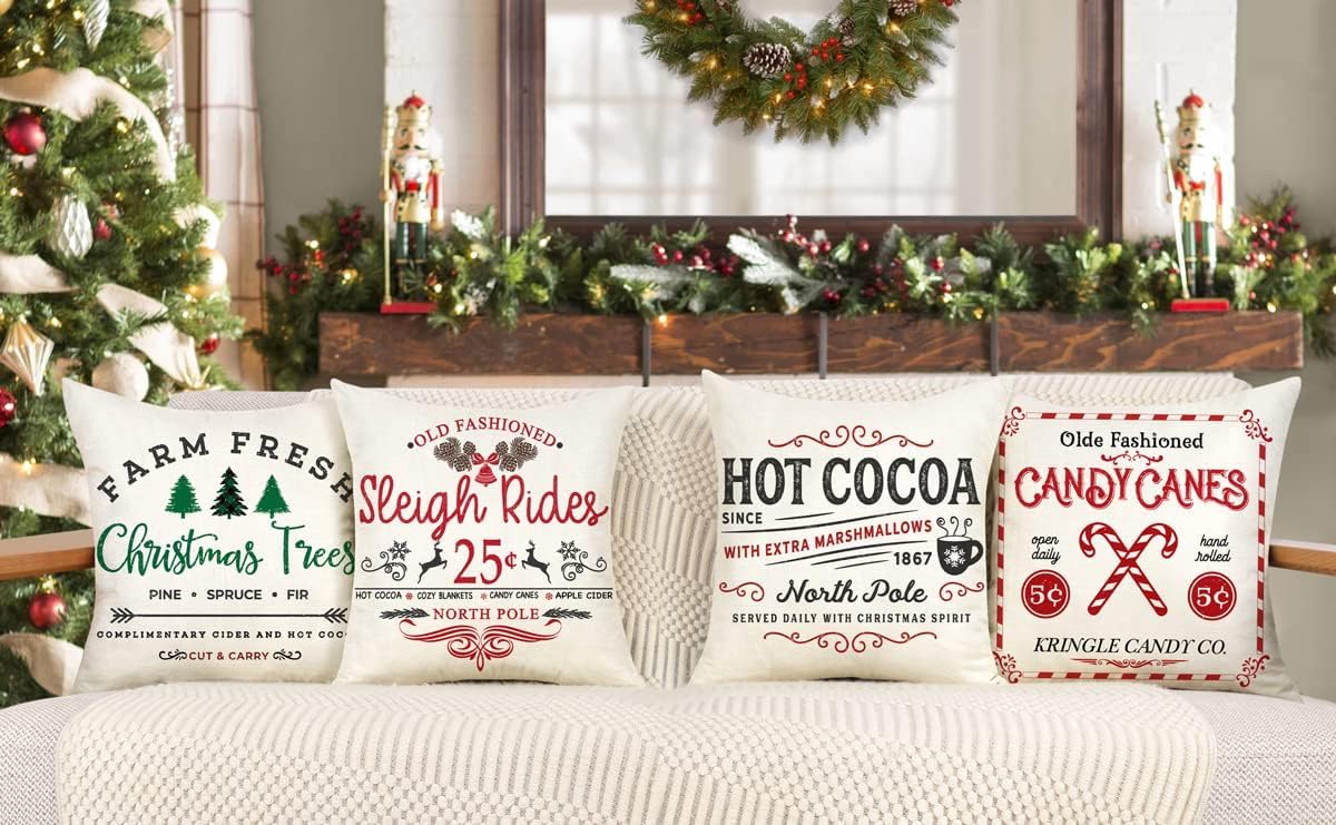 Set di 4 federe per cuscini natalizi invernali, decorazioni natalizie rustiche, per divano, decorazione della casa (bianco, 20 x 50,8 cm)