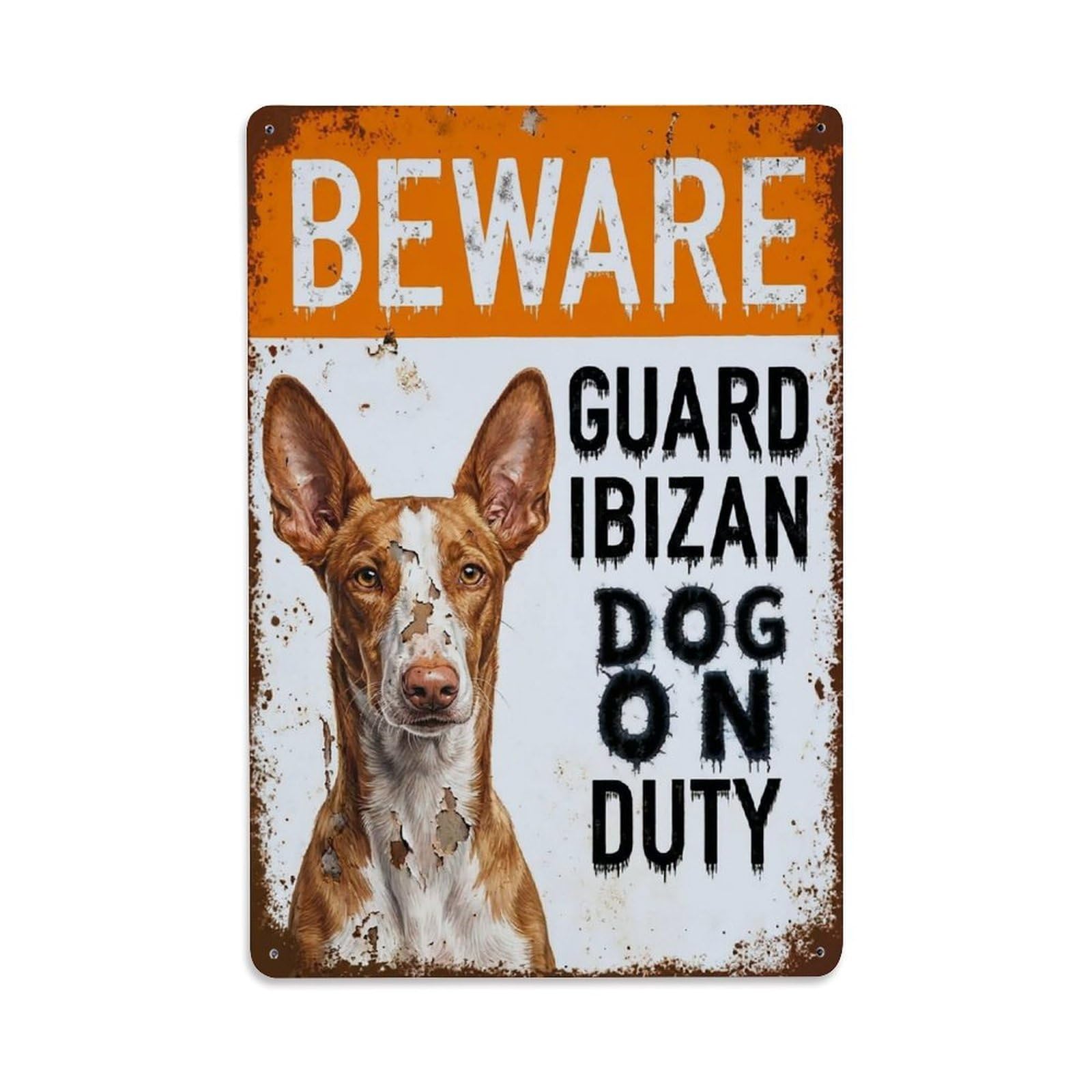 Vintage Funny Ibizan Guard Beware of Dog Cabin Metal Tin Sign Plaque Wall Decor for Cafe, Club Bar, Office, Garden Metal Poster 8x12Inch