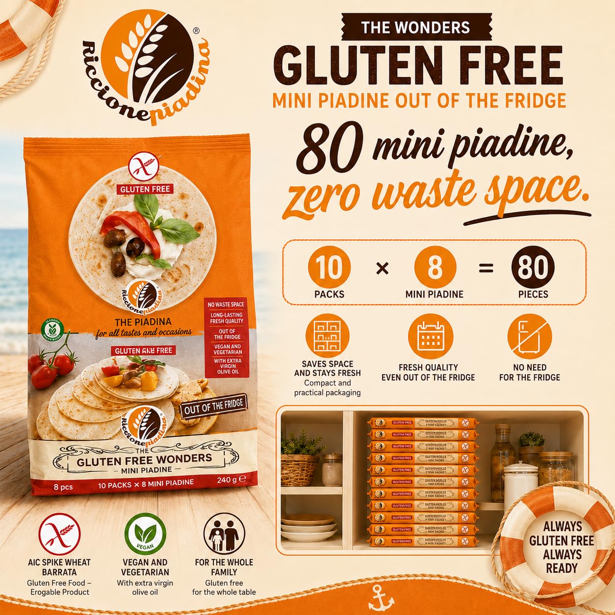 Riccione Piadina Le Meraviglie Senza Glutine Mini Piadine Fuori Frigo - 10 Confezioni da 8 Mini (240 g) - Vegane, con Olio Extravergine, Marchio Spiga Barrata AIC