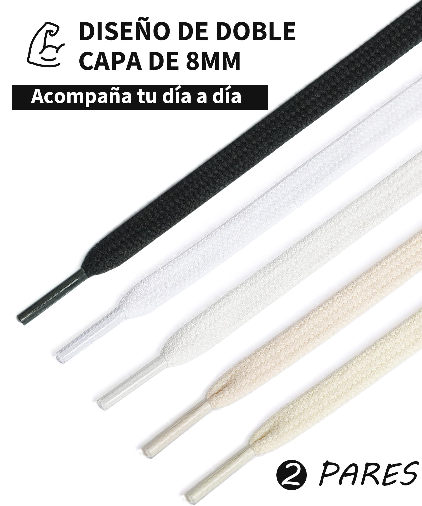 Stepace 2 Pares Cordones Planos de 100% algodón 8 mm de Ancho Cordones para Zapatillas y Zapatos Deportivas — view 3