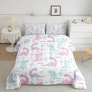 Erosebridal Dinosaur Comforter Set Pink Purple Dinos Bedding Sets for Kids Girls Lovely Cute Animals Comforter Kawaii Cartoon Down Comforter Child Room Decor with 1 Comforter and 2 Pillow Cases Full