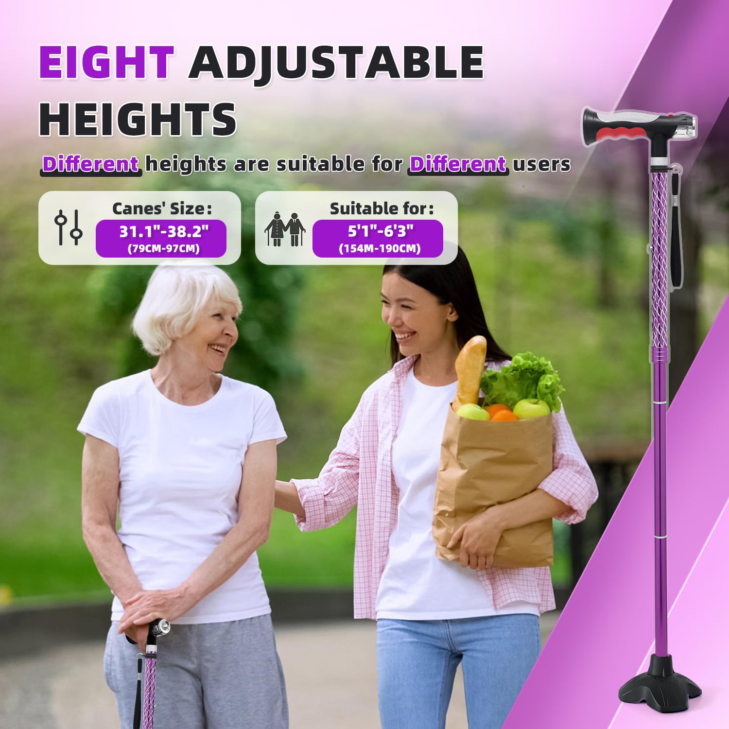 BigAlex Bastón Ligero con Doble Luz LED para Mayores, Plegable y Altura Ajustable, Base Cuádruple Antideslizante, Bastón de Senderismo para Hombre y Mujer, Ayuda para Caminar y Levantarse