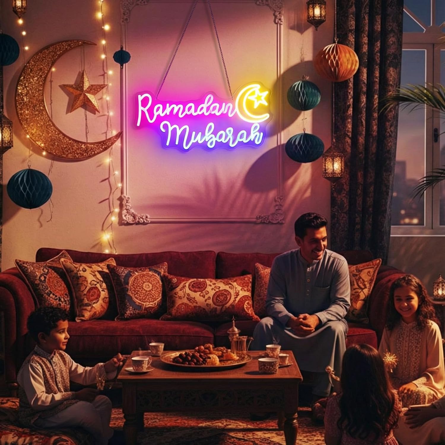 Rossesay Ramadan Mubarak Neon Sign Ramadan Decoration for Home Islamic Wall Art Moon Star LED Neon Light Muslim Islamic Hanging Decor Light up Sign Eid Gifts Party Supplies for Room Door Window