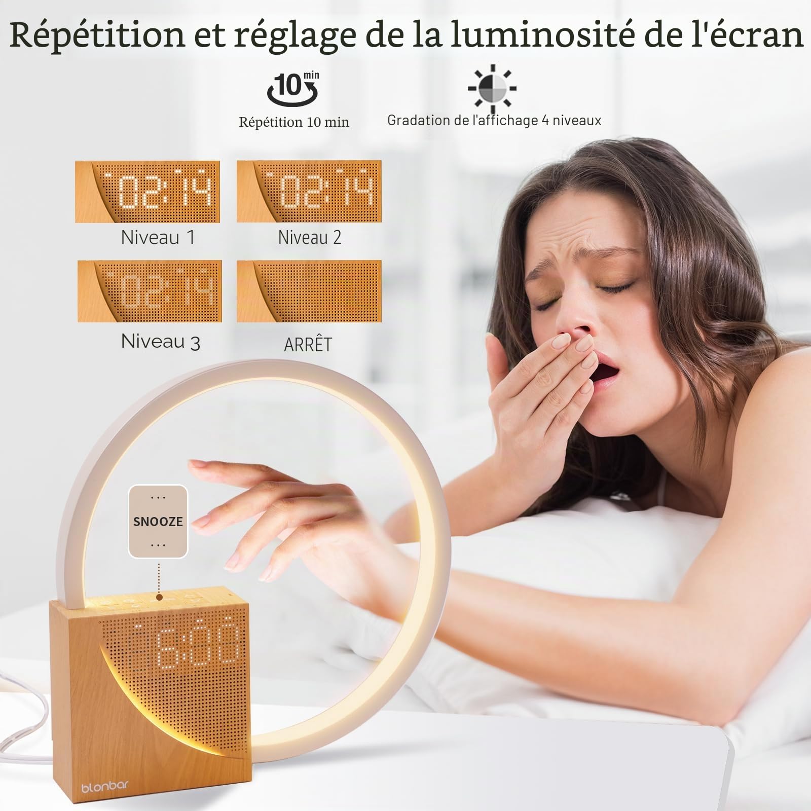 blonbar Lampe de chevet 10 W avec réveil lumineux, ports de charge USB, intensité variable, 10 sons naturels pour adultes et enfants, 3 niveaux de luminosité pour chambre à coucher, salon, bureau