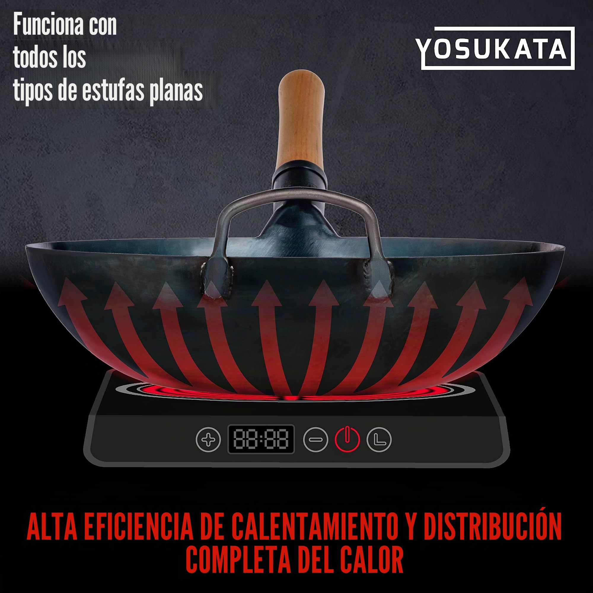 YOSUKATA Sartén Wok de Acero al Carbono 34 cm + Tapa Para Sartén Wok de Madera Natural de 34 cm
