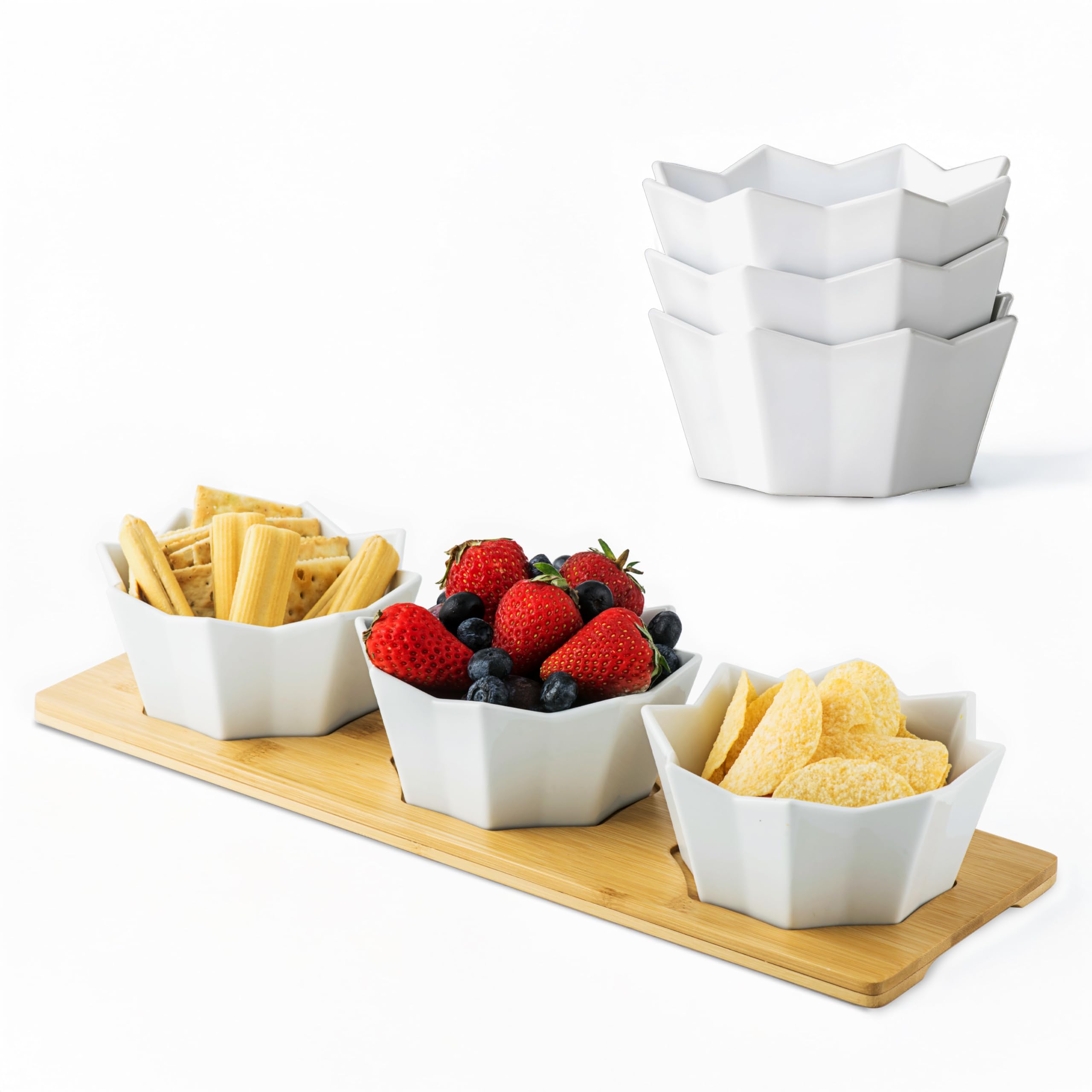 Ceramic Serving Tray Set 3 Section Divided Bowls with Bamboo Board Tray | Appetizer, Snack, Dip, and Starters Platter for Christmas, Holidays, Parties, Gatherings, Weddings, Occasions