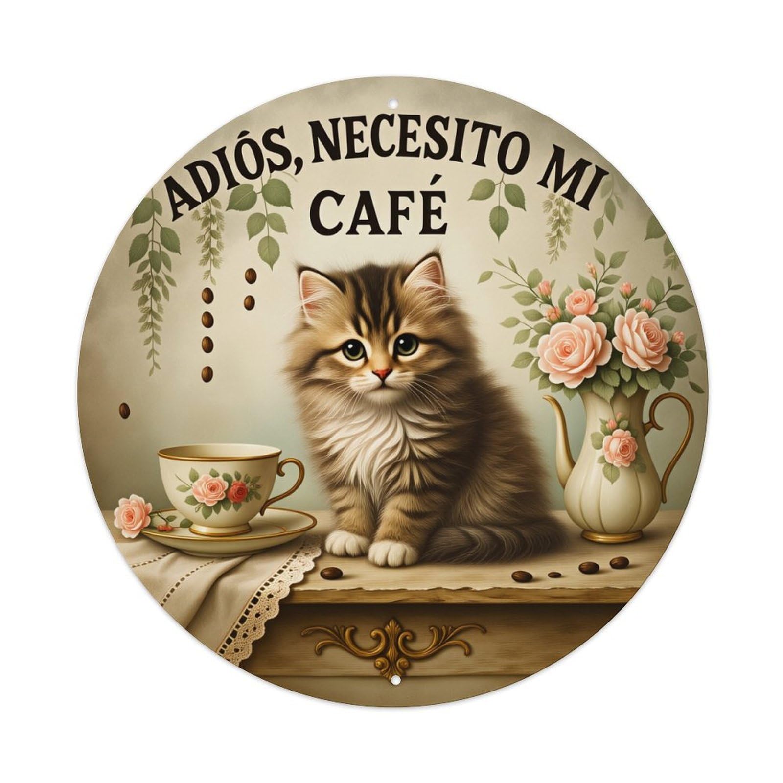 Lzwbntey Vintage Cute Kitten Coffee Cup Roses Vase Metal Tin Sign Retro Wall Decor For Home Bar Garage Cafe, Indoor & Outdoor Decorative，Circle Metal Poster, 8X8 Inch