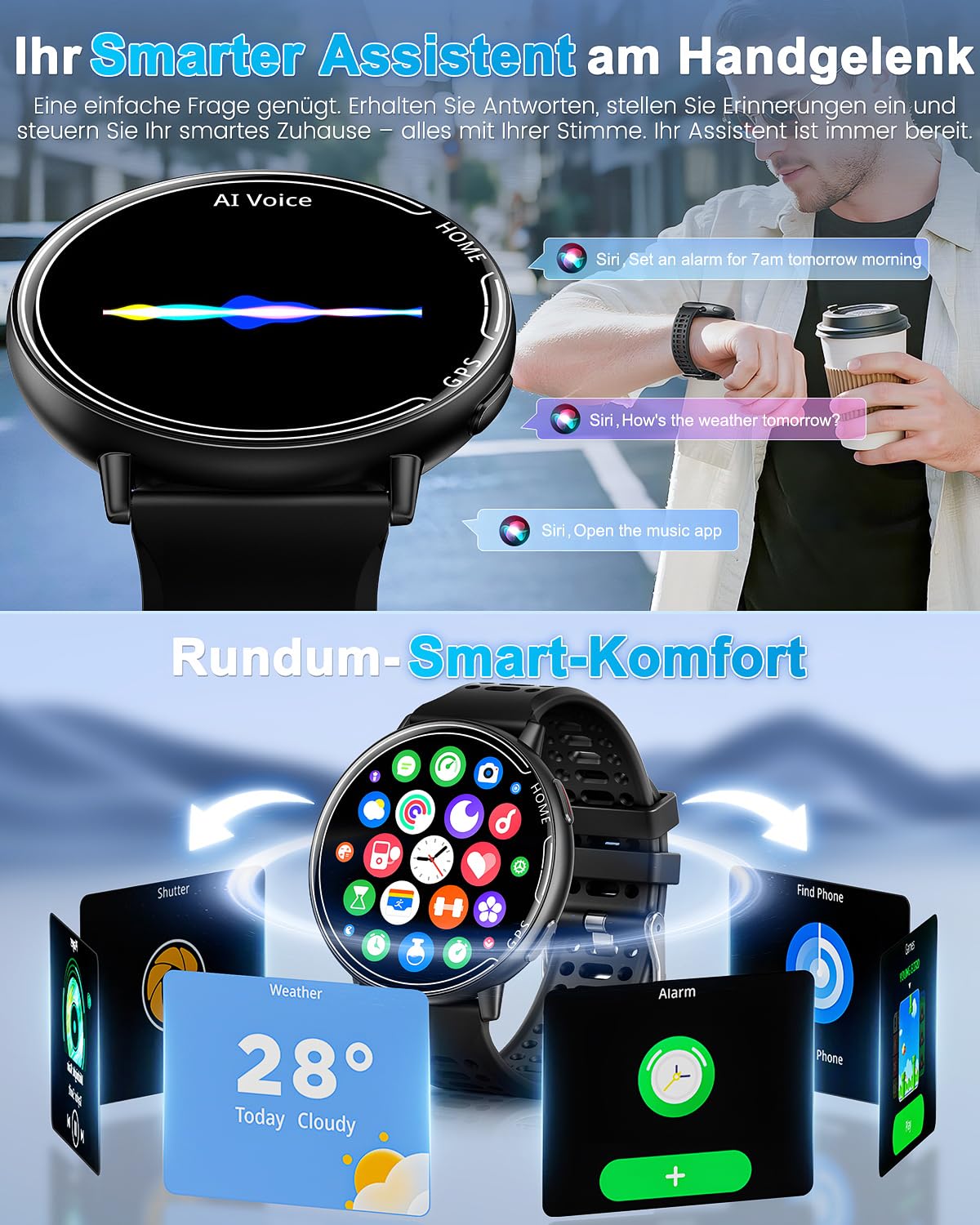 GPS Smartwatch Herren, 1.39" Smart Watch for Men mit Bluetooth Anruf, Sportmodi,Herzfrequenz, Blutdruckmessung, GPS Sportuhr für iOS Android