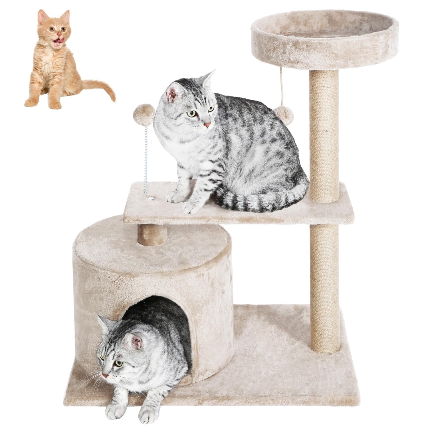 FluffyDream 31 Inch Small Cat Tree Tower for Indoor Cats, Plush Cat Tower with Large Condo, Deep Hammock and Sisal Scratching Post for Kittens, Beige