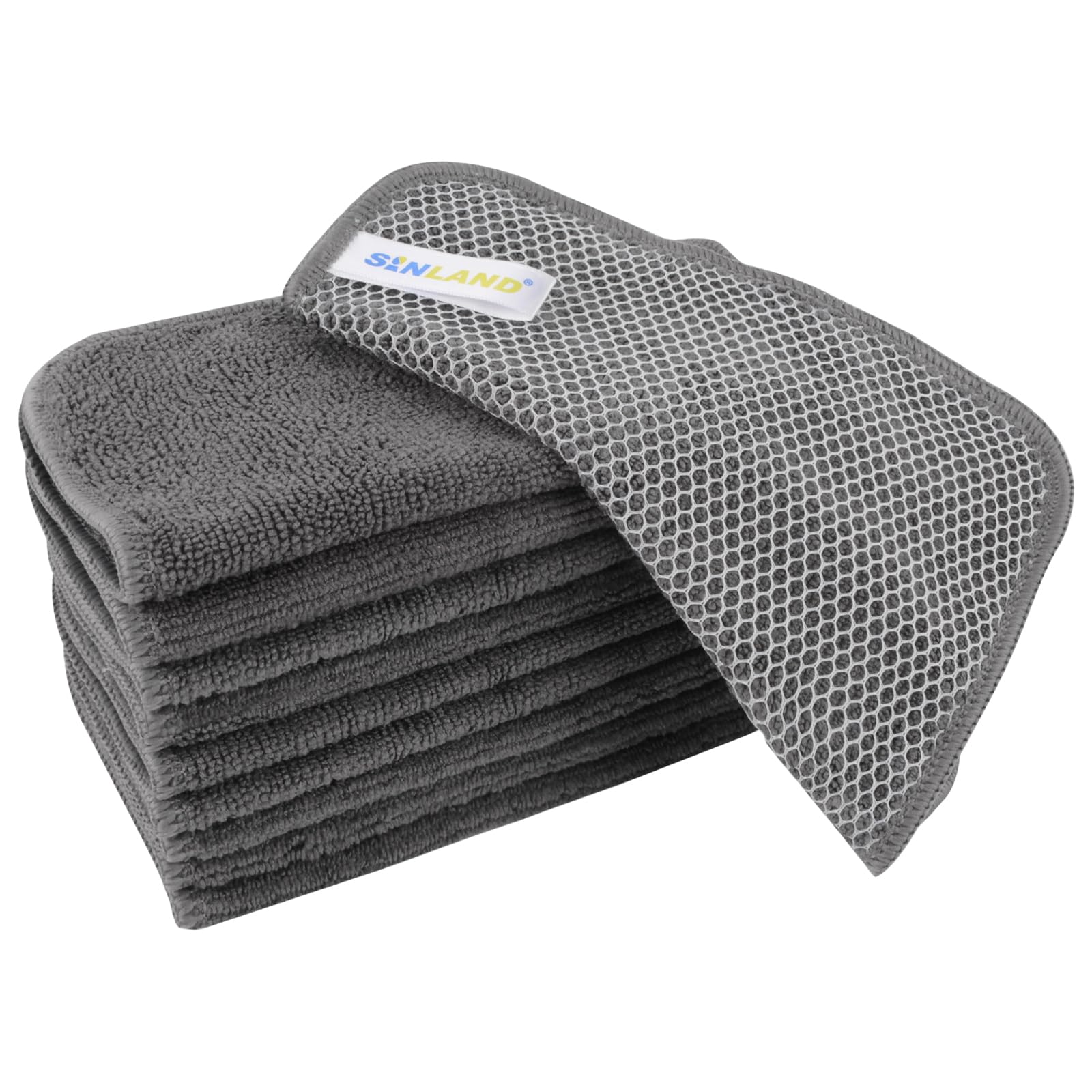 SINLAND Microfiber Dish Cloth for Washing Dishes Dish Washing Rags Best Kitchen Washcloth Cleaning Cloths Wash Cloths with Poly Scour Side 7.87Inchx7.87Inch 10 Pack Grey