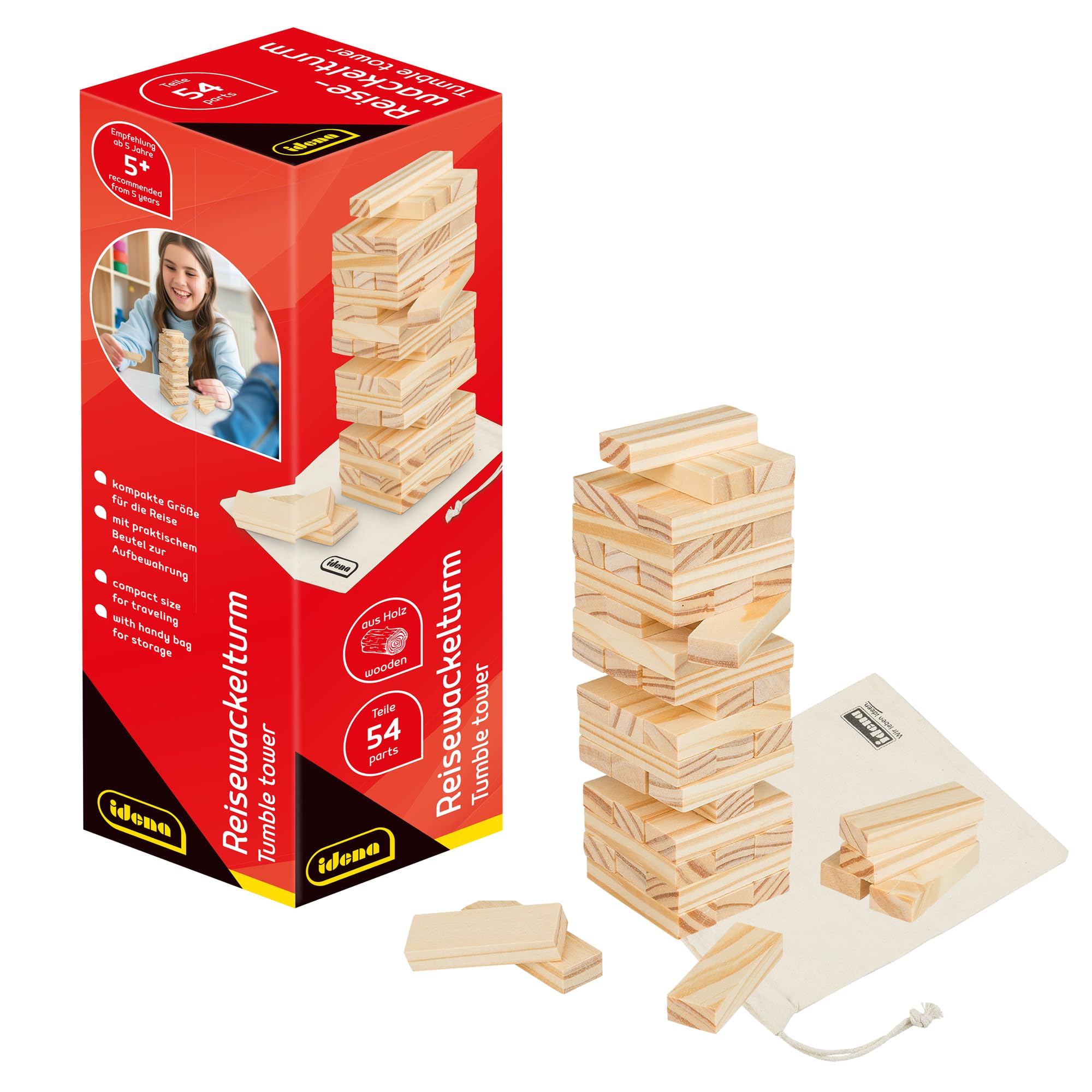 Idena 40088 Wooden Travel Game with 54 Building Blocks and Storage Bag, Approx. 4.8 x 4.8 x 14.4 cm Stacking Tower