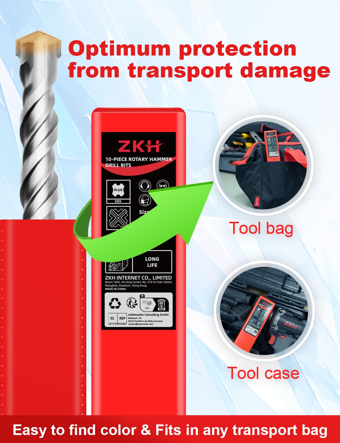 ZKH Set di 10 punte SDS Plus (3/16", 1/4", 5/16", 3/8", 1/2"), punte in carburo (YG8), punte per trapano per calcestruzzo, cemento, pietra, mattoni, vasi in ceramica e altro ancora