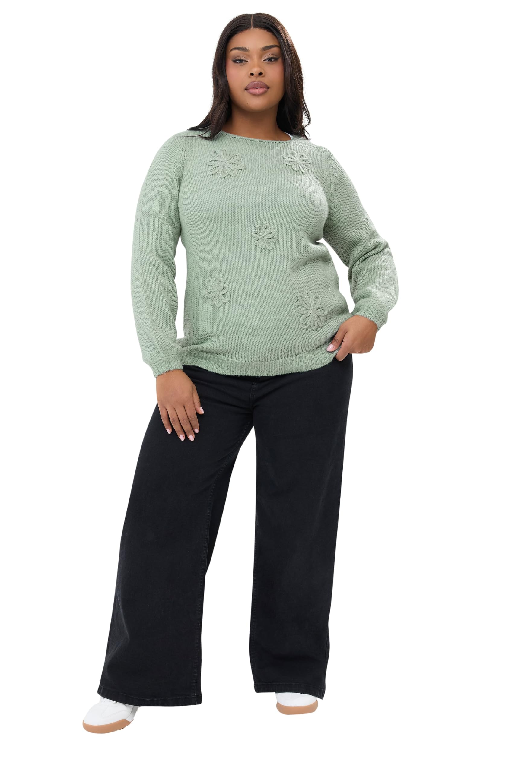 Yours Women's Jumper - Floral Knit - Light Green - Size 18-20