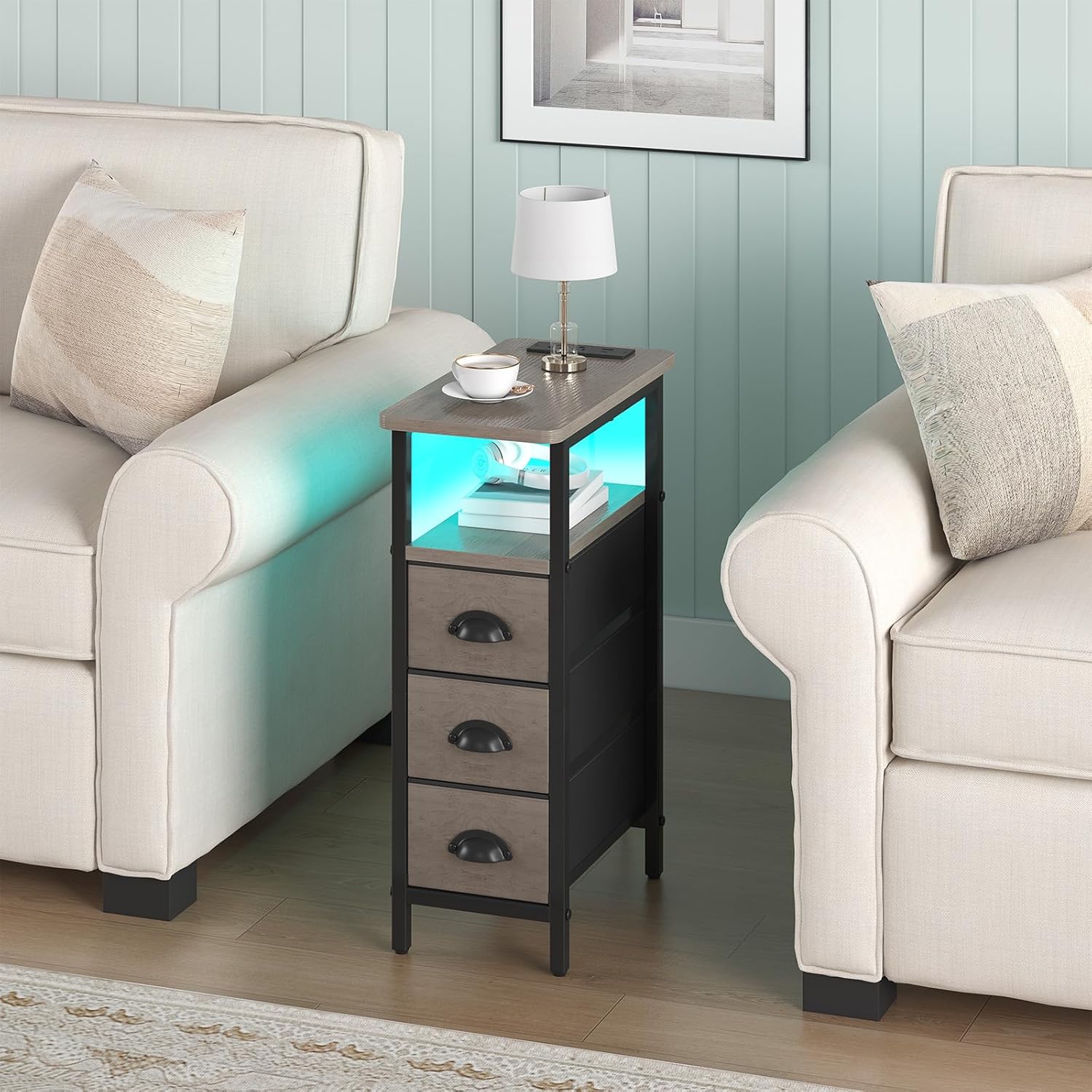 End Table with Charging Station,LED Side Tables with USB Ports and Outlets,Skinny Bedside Tables with 3 Drawers,Small Tabls Nightstands for Small Space,Slim Sofa Table for Livingroom, Grey 7.88'' W*15.75'' D*24.3'' H Power & LED Grey