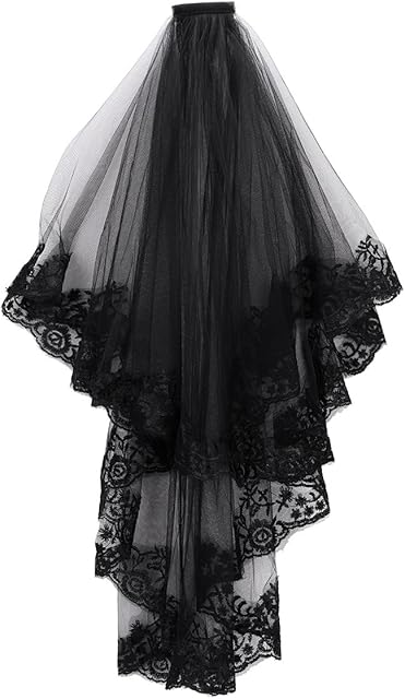 2 Tier Black Veil with Comb Halloween Headwear Gothic Corpse Bridal Veil Waist Length Lace Wedding Bridal Veil Ladies Girls Fancy Dress Embroidered Edge Hair Accessory Flowery Day of the Dead Costume