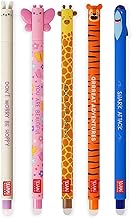 LEGAMI - Erasable Gel Pens with Thermosensitive Ink, Ink Color Range and Barrel Patterns, 0.7mm Nib, Rabbit, Lion, Giraffe, Corgi & Shark (5 Pack)