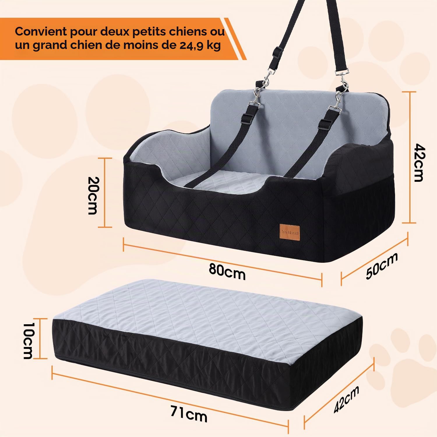 Siège Auto pour Chien de Moins de 25 kg, 80 x 50 x 42 cm | Cojín de 71 x 42 x 10 cm, funda extraíble y lavable, base antideslizante, 2 correas de seguridad