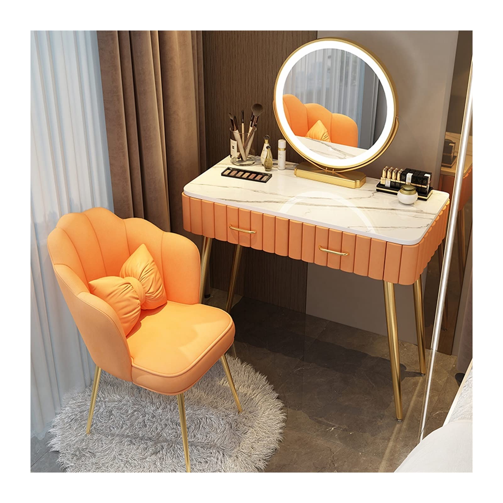 JKJZSALJ Vanity Table Bedroom Dresser Simple Marble Countertop Dresser Makeup Table Makeup Mirror Stool Makeup Table Set Makeup Table,Orange Chair,100cm