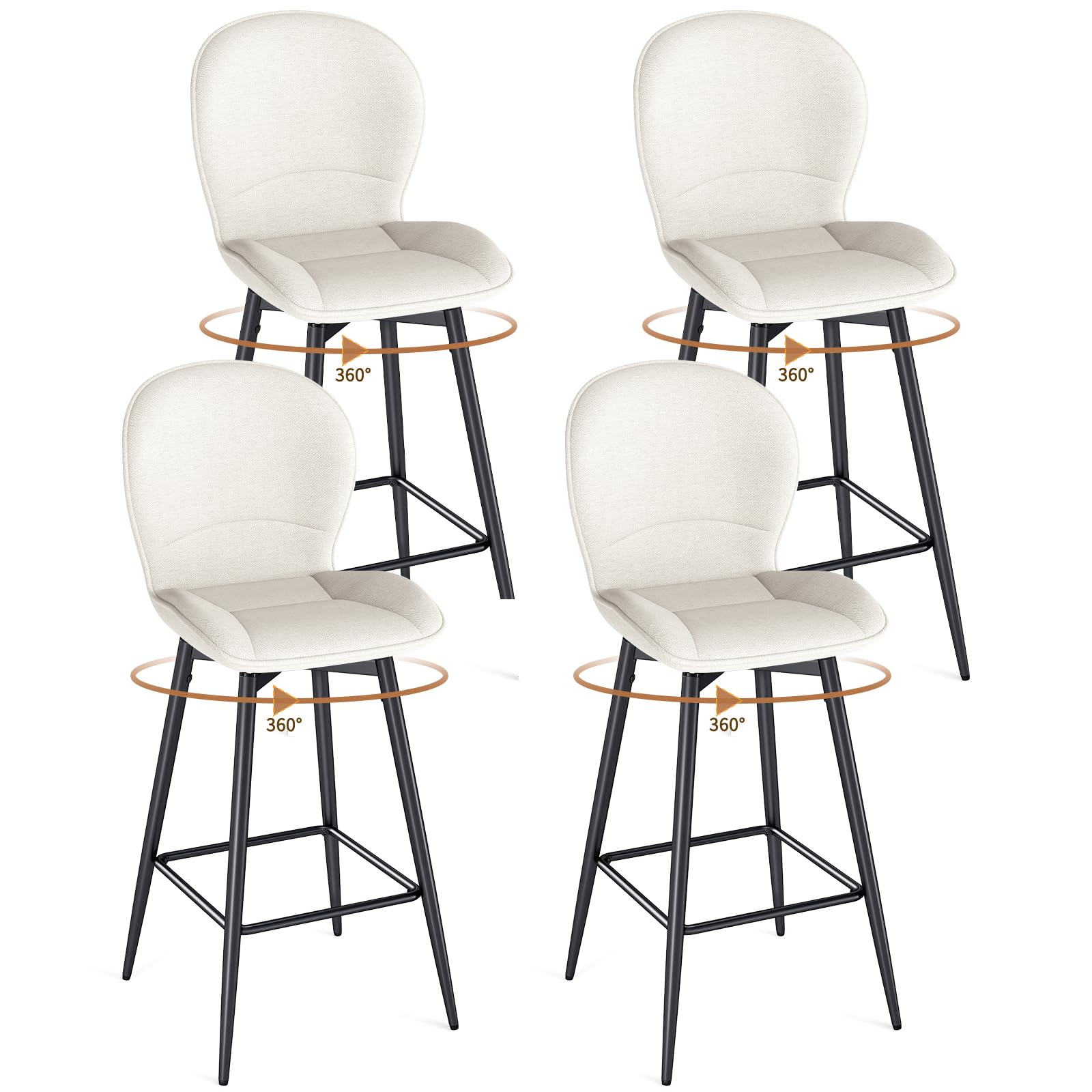 LEWE Juego de 4 Taburetes Altos de Bar, 75 cm Altura del Asiento, Giratorio 360° Sillas Altas de Cocina con Respaldo Acolchado de Tela, Metálica Reposapiés, para Bar, Comedor, Salón-Beige