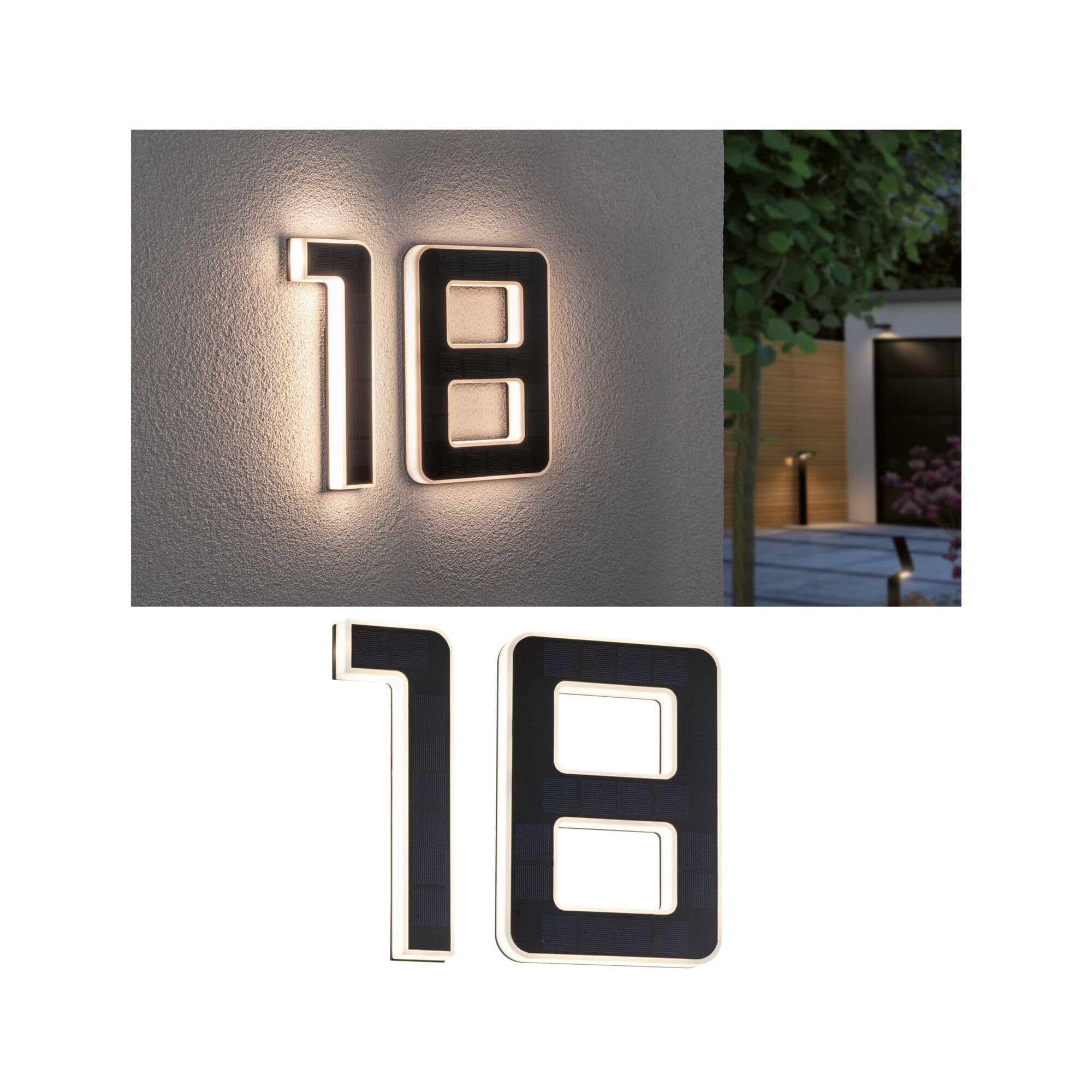 Paulmann 5298 Set Solar LED Hausnummernleuchte inkl. wechselbarer Akku Nummer 18 3000K 2x6lm 2x0,2W Schwarz