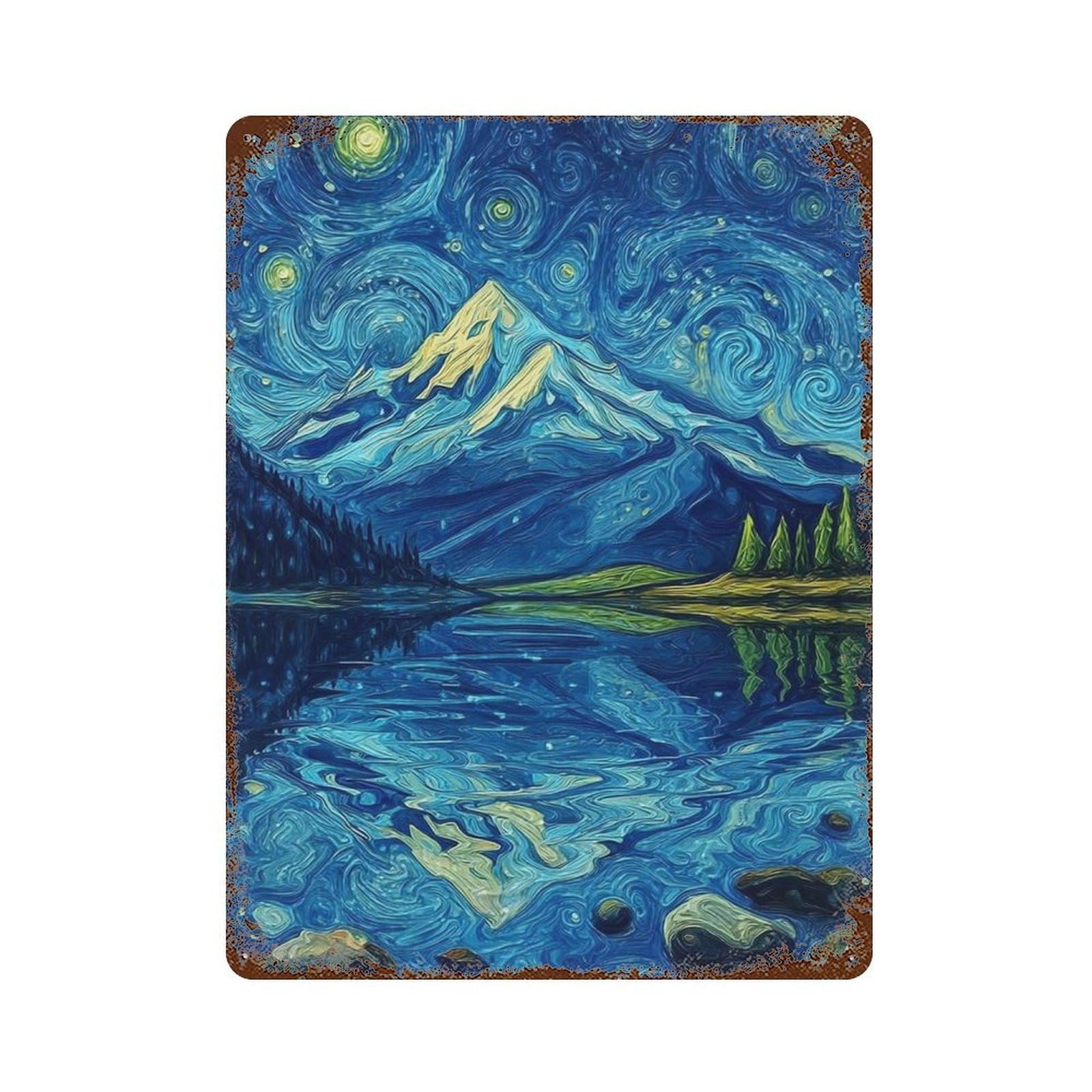 Starry Night Mountain Reflections -5 Rust Effect Tin Sign 15.7"x11.8", Farmhouse Wall Decor for Living Room, Hallway And Home Decor