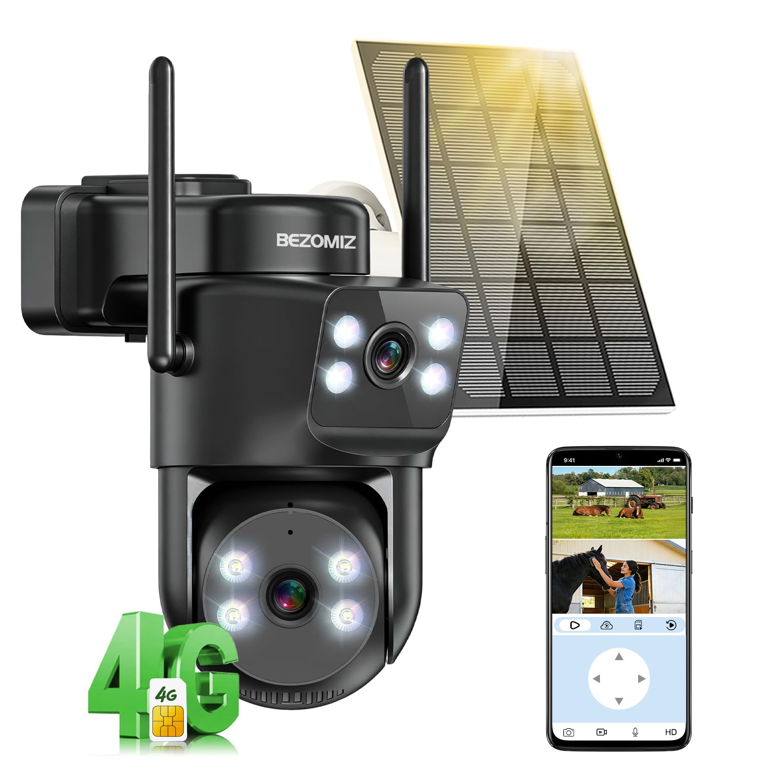 4G LTE caméras de Surveillance Solaire avec Carte Sim,à Double Objectif,AOV 24/7,360° PTZ Caméra Extérieure,4K Détection Humaine,Suivi Automatique,Vision Nocturne Couleur,Audio Bidirectionnel