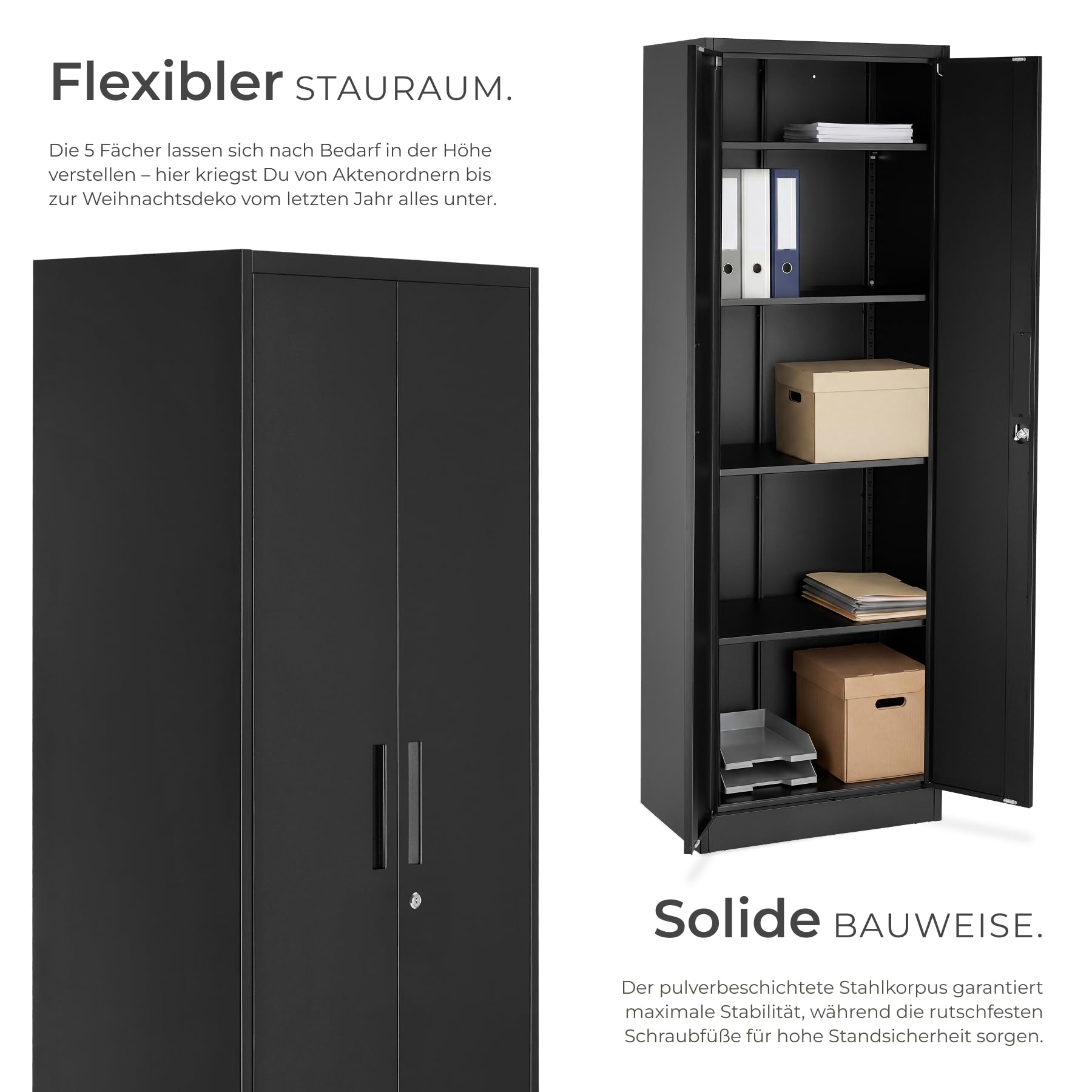 TecTake® Aktenschrank, 60 x 40 x 180,5 cm, mit Magnetverschluss und 4 verstellbare Böden, abschließbar,mit Kippschutz, höhenverstellbare Füße, pulverbeschichtet, inkl. Handschuhe für Aufbau - schwarz