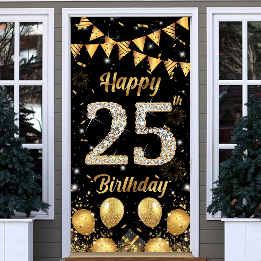 Happy Birthday Door Banner Backdrop Boys Girls 25th Birthday Decorations Black Gold 25th Birthday Door Cover Background Supplies Outdoor Indoor