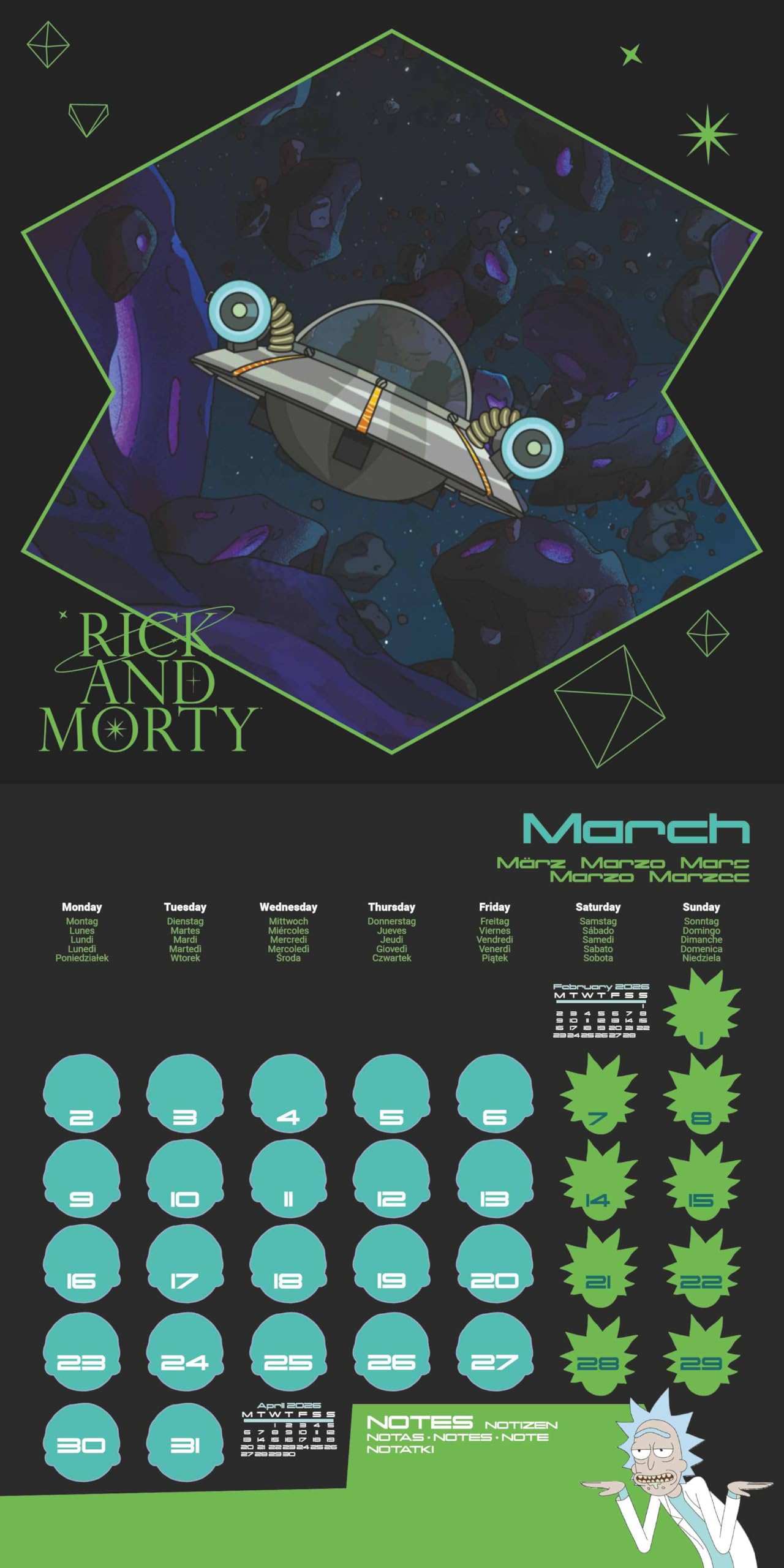 Calendario 2026 da parete rick and morty 30 x 30 cm