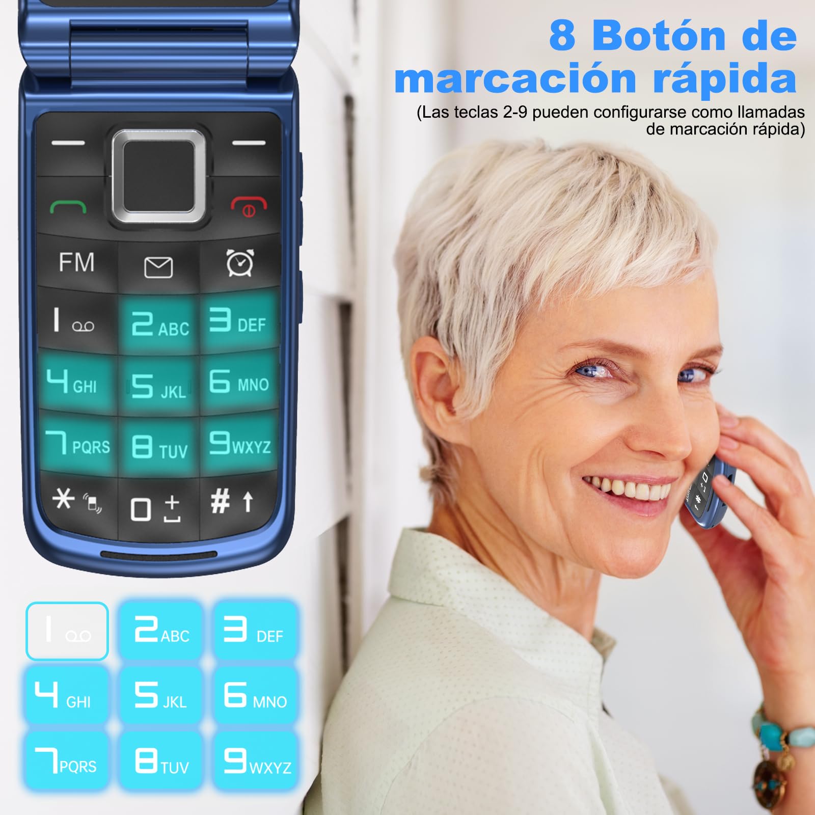 4G Telefono Movil para Mayores Libre con Teclas Grandes, Doble SIM Doble Pantalla LCD, Fácil De Usar Teléfono Móvil Personas Mayores con Botón SOS, Cable USB C, Batería 1000mah, Base Cargadora (Azul)