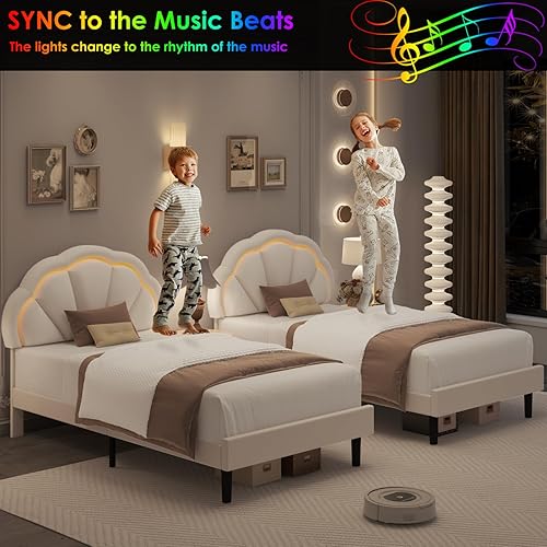 Miniatura 3 de HIFIT Marco de cama LED inteligente tapizado individual con cabecera ajustable de pétalos elegantes, marcos de cama de plataforma tamaño individual