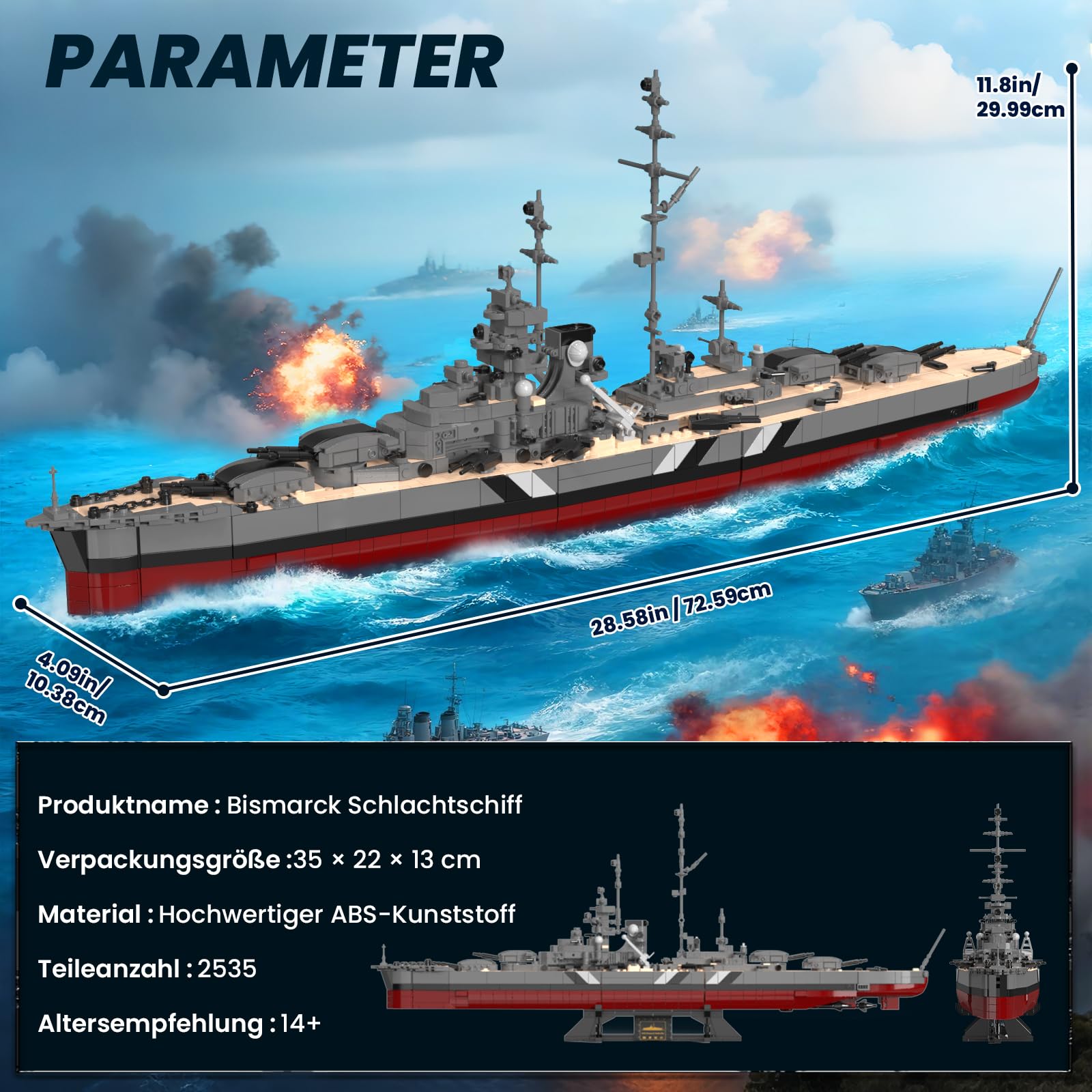Brihappen Zweiten Weltkrieg Schlachtschiff Bausatz Set, Deutsche Kriegsschiff Bismarck Bausteine Set für Erwachsene und Jugendliche ab 14 Jahren, Militär-Themen-Bausatz als Geschenk（2535 Stück）