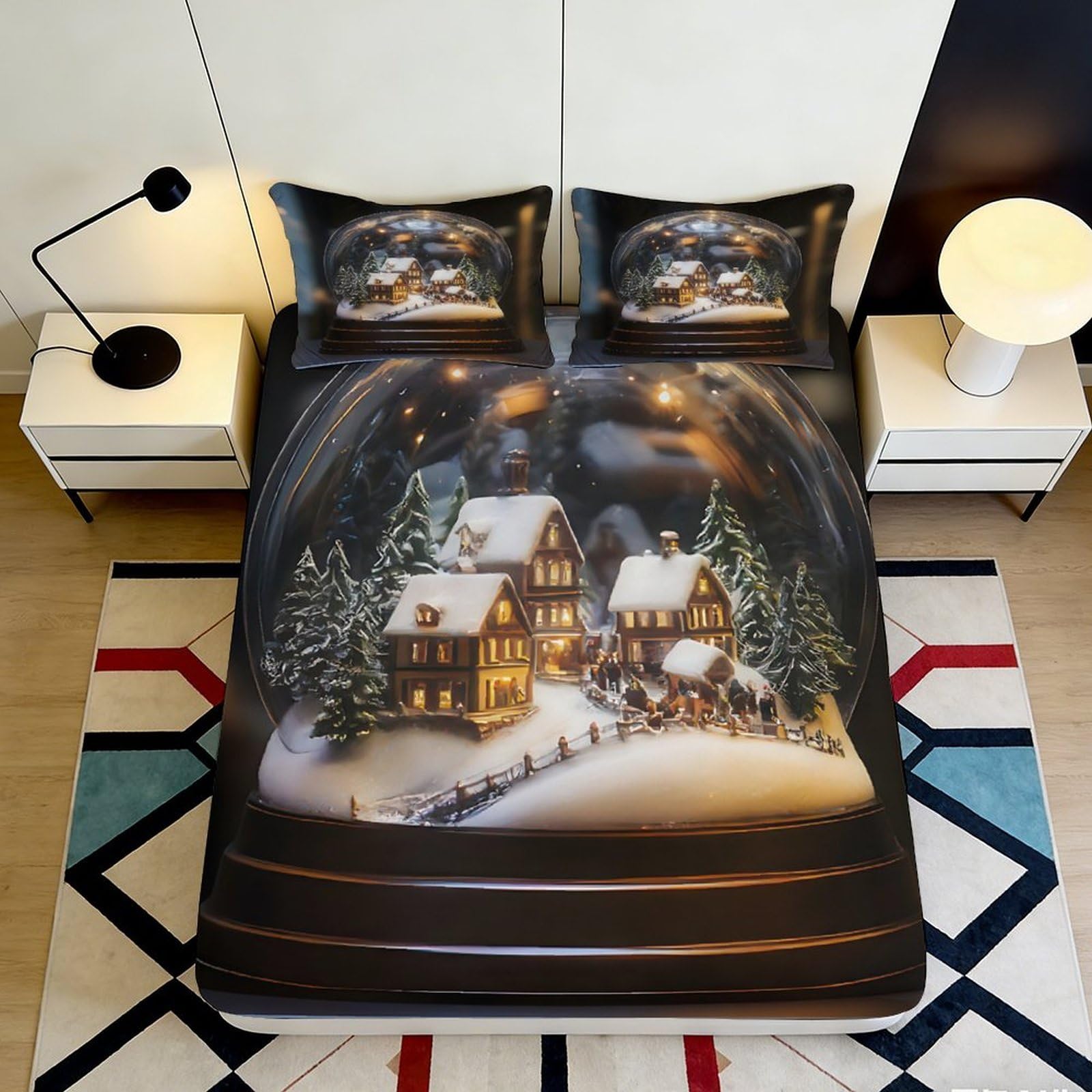 3D Printed Snow Globe Fitted Sheet Microfiber Soft Breathable Winter Village Bed Cover for Bedroom Dormitory Guest Room Mattress Protection Decor 140x200x25cm