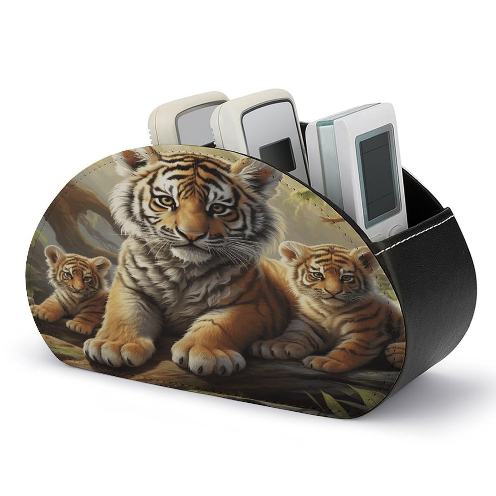 VstaDank Jungle Tigers Cub Remote Control Holder Farmhouse TV Media Remote Storage Box with 5 Compartments PU Leather Remote Caddy Desktop Organizer for Home Bedside Table Organizer