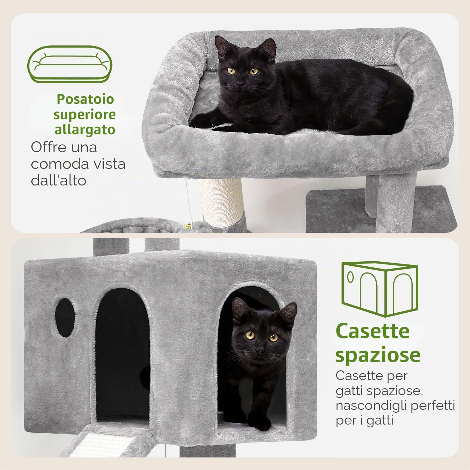 Globlazer Tiragraffi per Gatti con Grandi Grotte Cesto Imbottiti Piattaforma Rampa Graffiatura Sisal Peluche Giocattoli, Stabile Albero Tiragraffi Alto 116 cm per Gatti Grandi (S45, Grigio Chiaro)